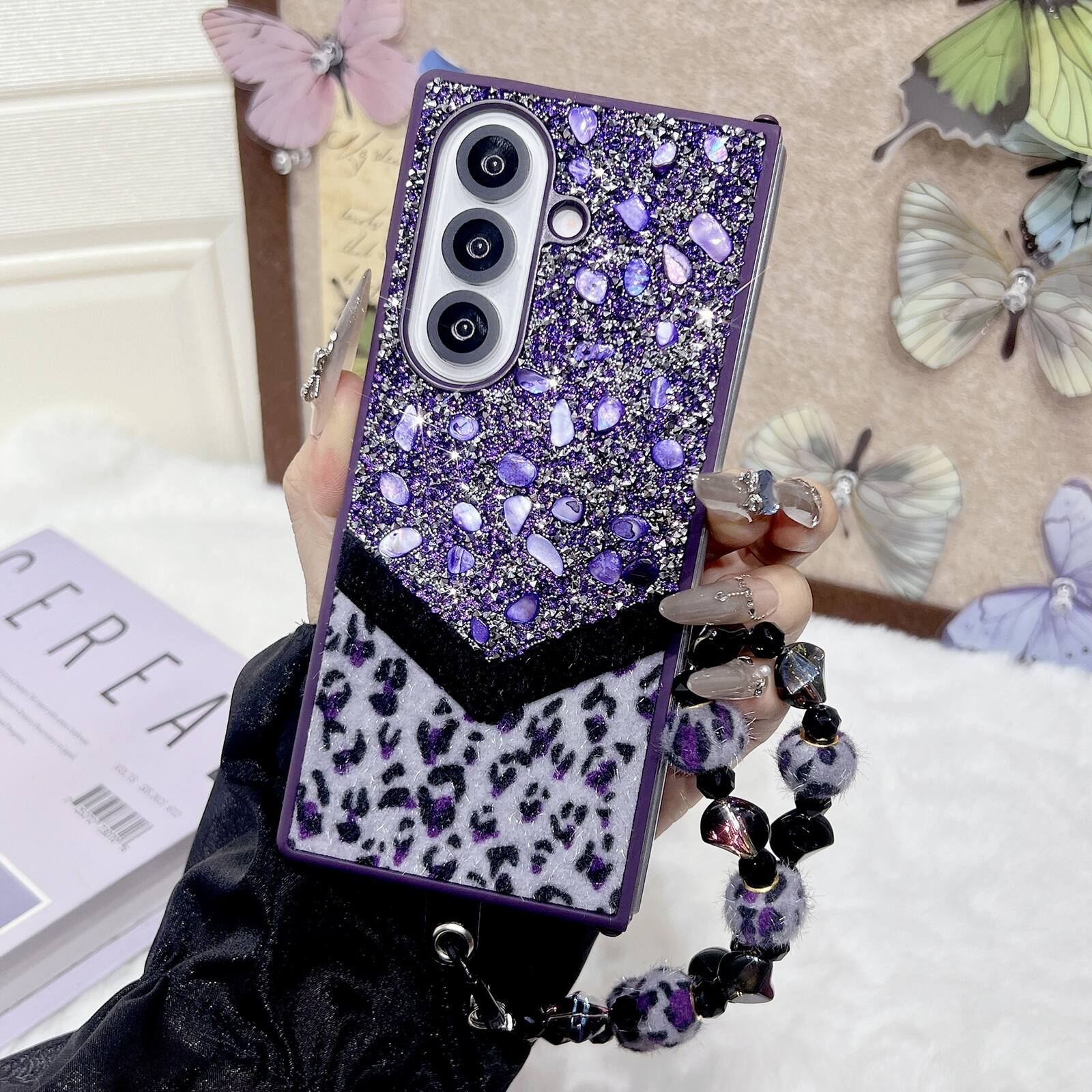 Alt View 3. Dteck - Shockproof Phone Case for Samsung Galaxy Z Fold7 with Beaded Wrist Strap, Glitter Rhinestone Hard PC Protective Cover - Purple.