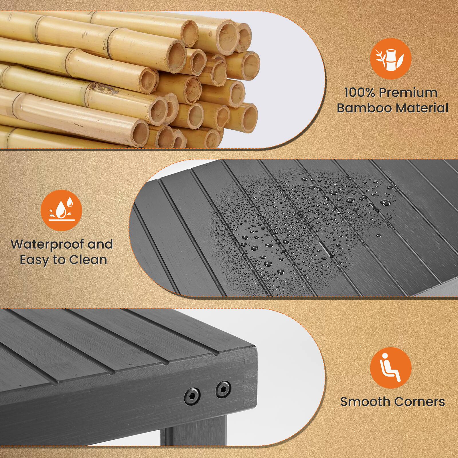 100% Premium Bamboo Material

Waterproof and Easy to Clean

Smooth Corners