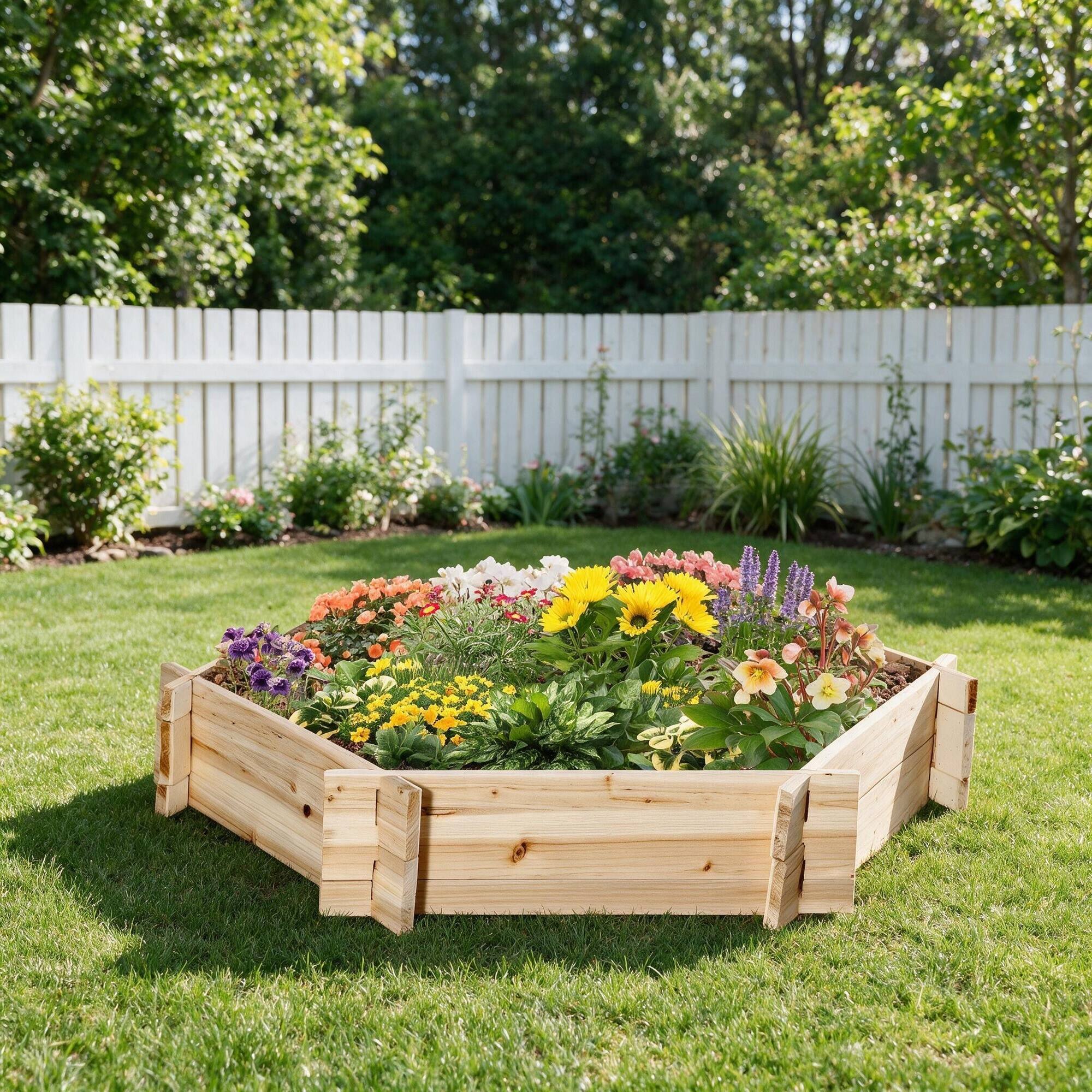 Back. RYHNUYNE - Hexagonal Wooden Raised Garden Bed, Tool-Free Screwless Planter for Outdoor Vegetables, Flowers, Herbs, 39.25 x 36. - Natural.
