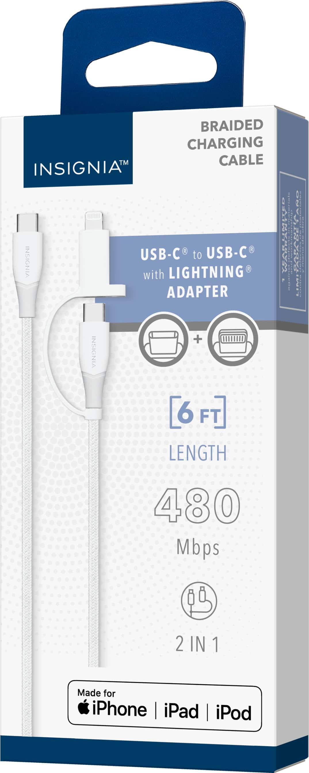 Braided Charging Cable Insignia USB-C Lightning to USB-C Rated with 480 Mbps 2 in 1 Made for iPhone, iPad, iPod.