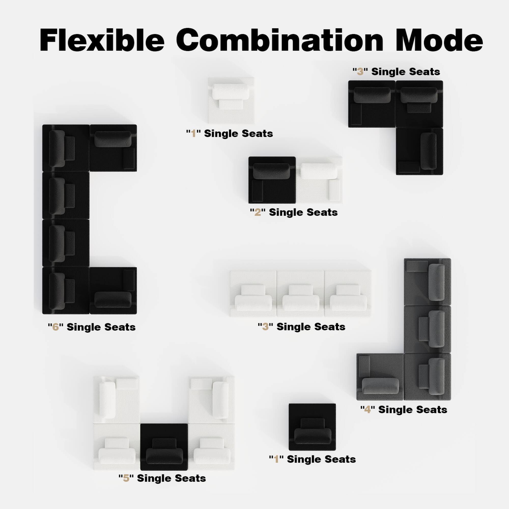 Flexible Combination Mode

"3" Single Seats

"2" Single Seats

"6" Single Seats

"4" Single Seats

"1" Single Seats

"5" Single Seats