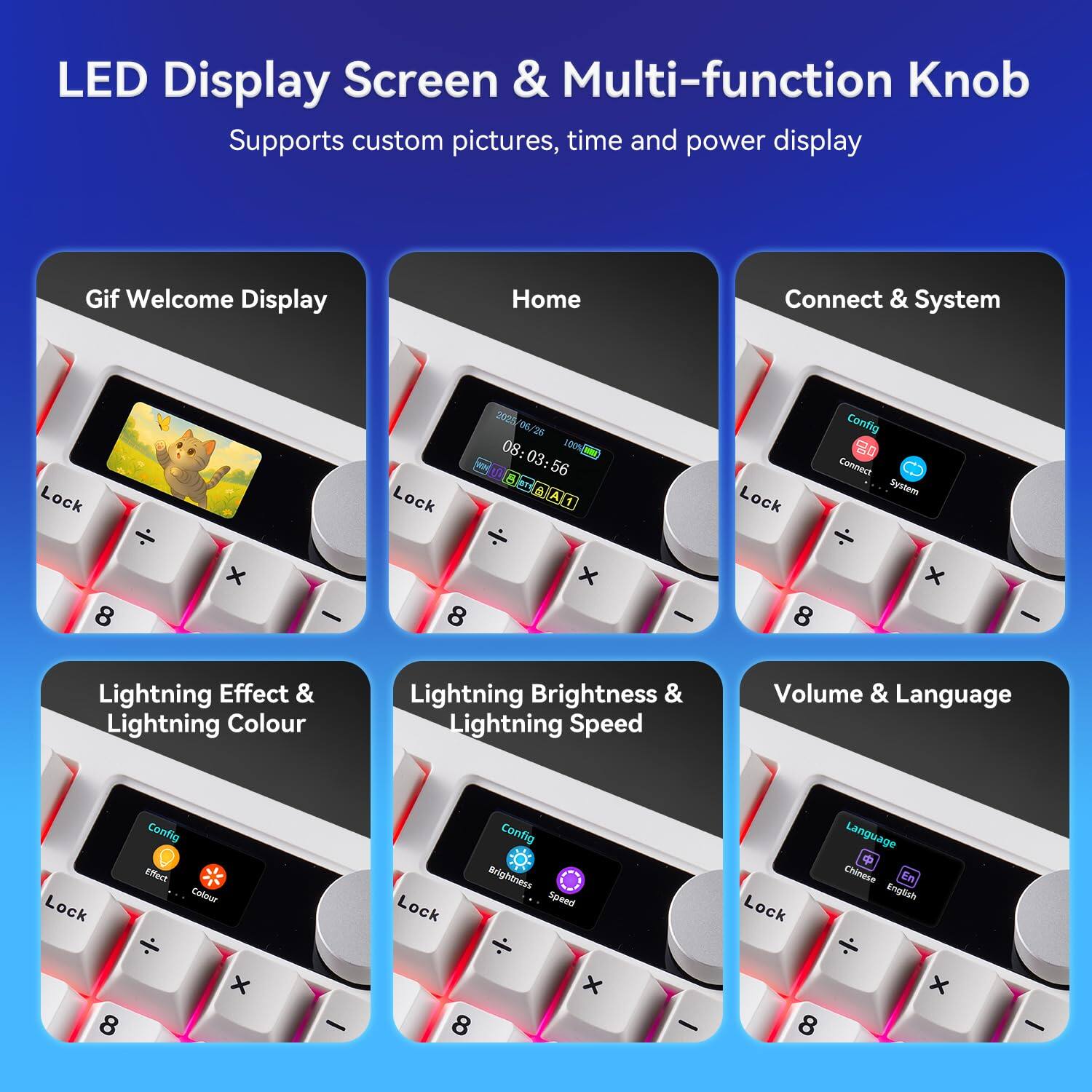 LED Display Screen & Multi-function Knob  
Supports custom pictures, time and power display  

- Gif Welcome Display  
- Home  
- Connect & System  
- Lightning Effect & Lightning Colour  
- Lightning Brightness & Lightning Speed  
- Volume & Language  

Lock Config  
Effect Colour  
Brightness Speed  
Language  
Chinese English