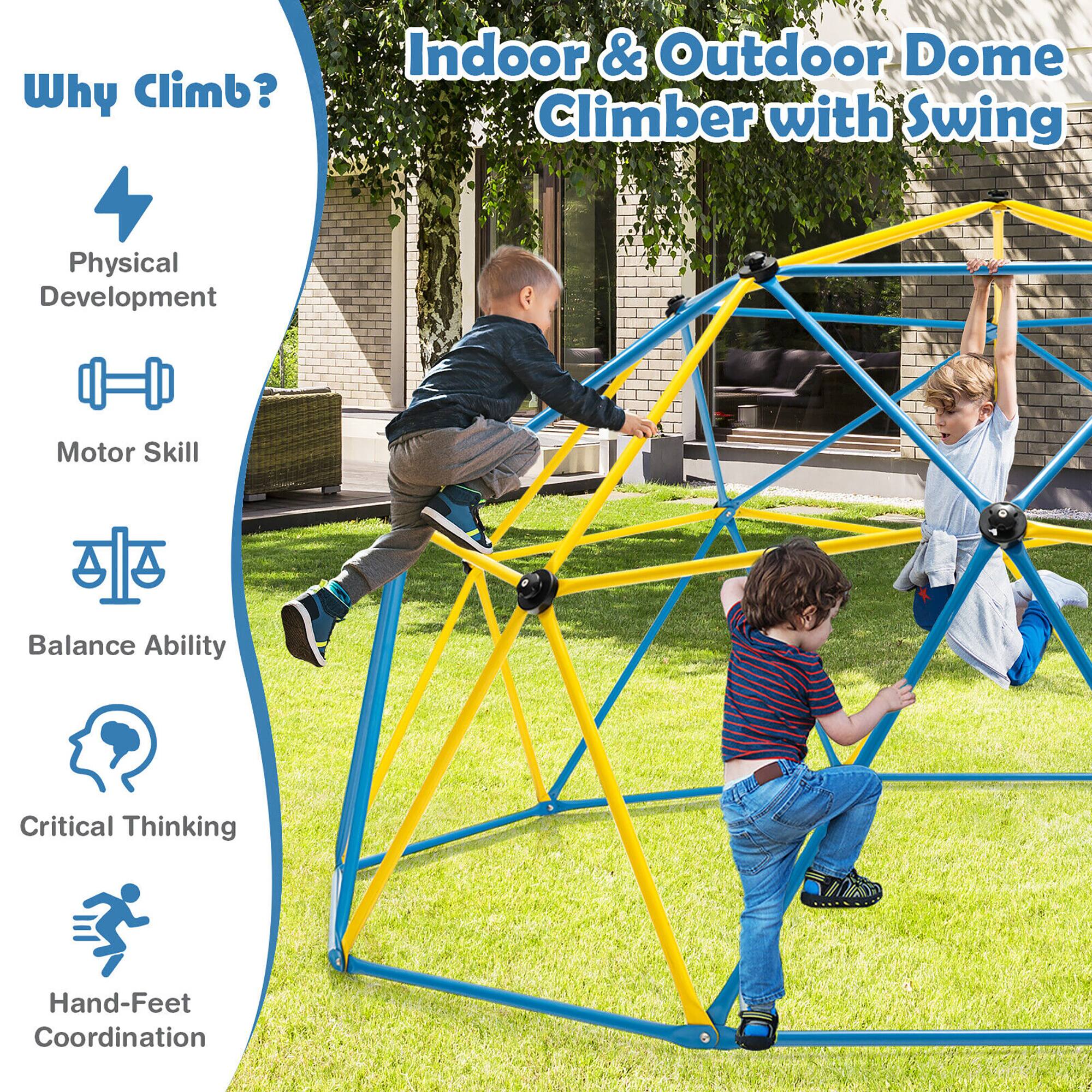 Why Climb?

Indoor & Outdoor Dome Climber with Swing

- Physical Development
- Motor Skill
- Balance Ability
- Critical Thinking
- Hand-Feet Coordination