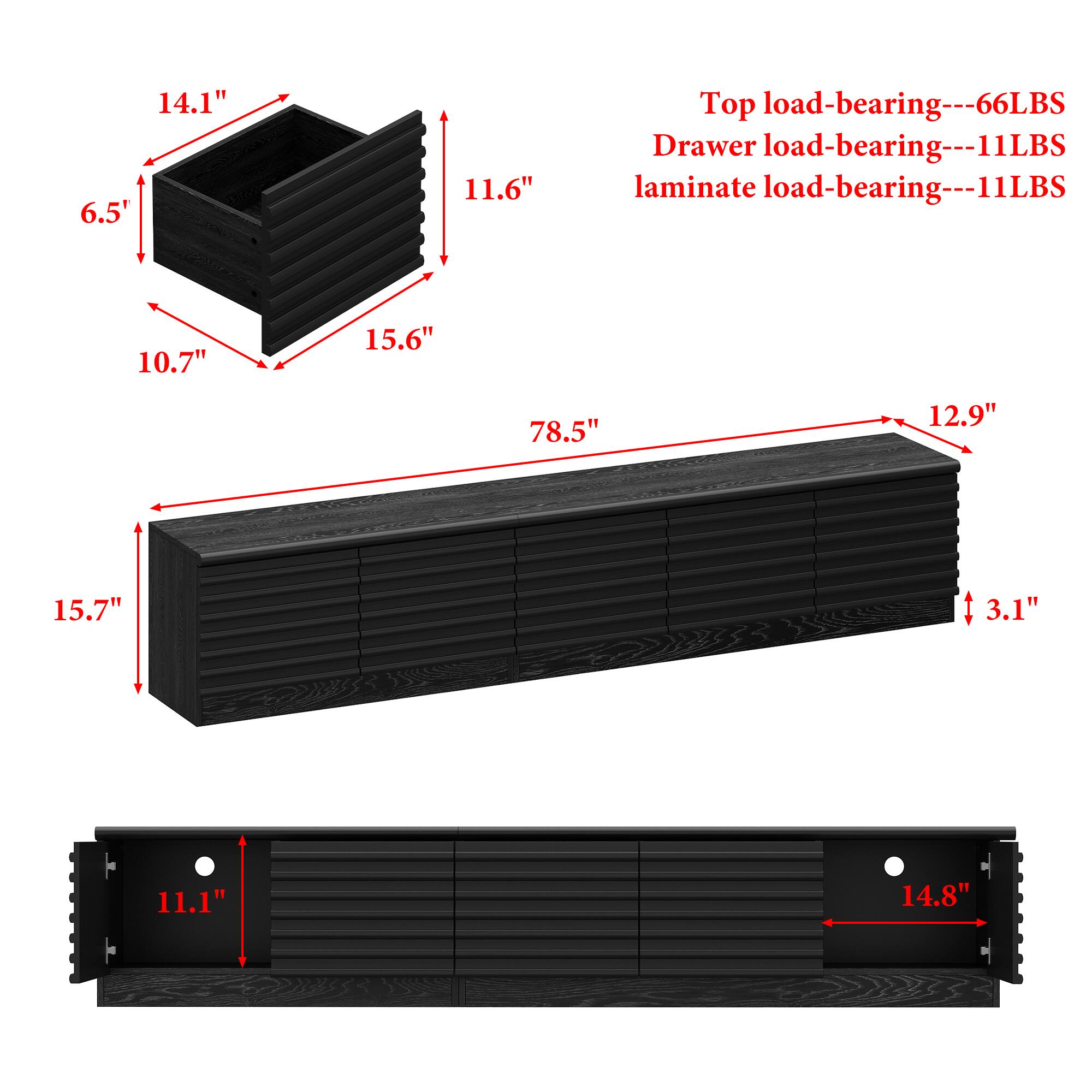 The text on the image is grouped and corrected as follows:

1. Top load-bearing: 66LBS
2. Drawer load-bearing: 11LBS
3. Laminate load-bearing: 11LBS
4. 11LBS 11LBS 11LBS
5. 10.7" 15.6" 78.5" 12.9" 15.7"
6. 3.1" 11.1" 14.8"