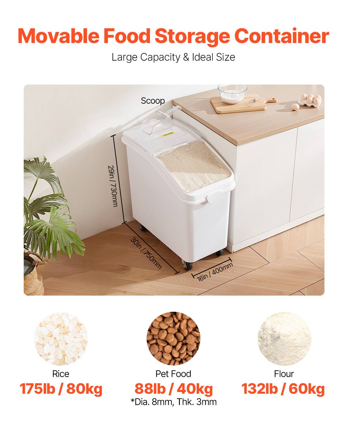 Movable Food Storage Container, Large Capacity & Ideal Size, Scoop, E9E, 29in - 730mm, 30in - 750mm, 400mm, 16in, Rice, Pet Food, Flour, 175lb /80kg, 88lb /40kg, 132lb /60kg, *Dia. 8mm, Thk. 3mm