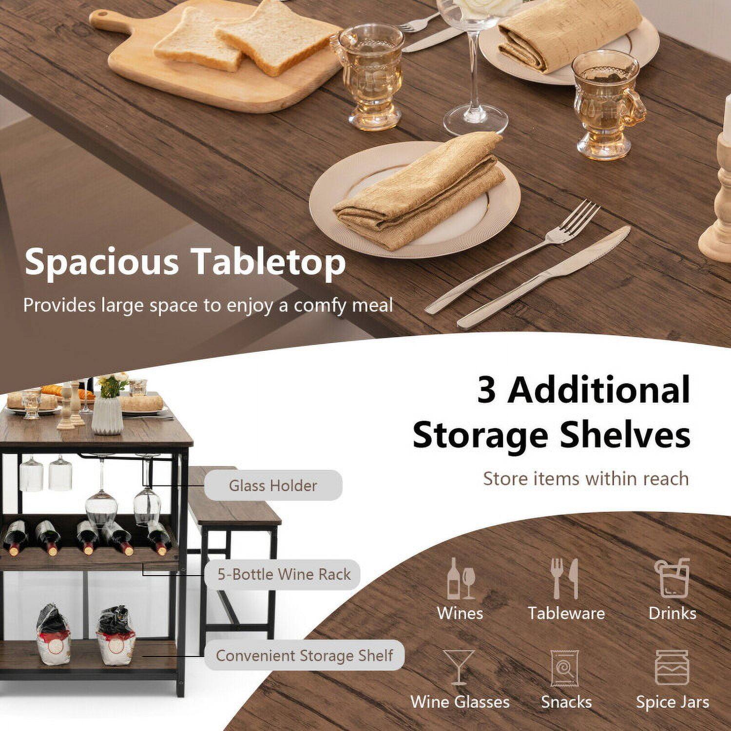 Spacious Tabletop  
Provides large space to enjoy a comfy meal  

3 Additional Storage Shelves  
Store items within reach  

Glass Holder  
5-Bottle Wine Rack  
Convenient Storage Shelf  

Wines  
Tableware  
Drinks  
Wine Glasses  
Snacks  
Spice Jars