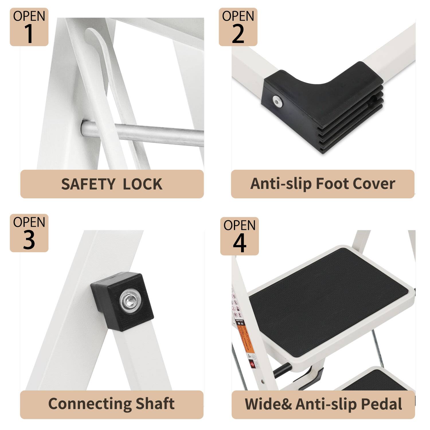 1. OPEN 1  
   SAFETY LOCK

2. OPEN 2  
   Anti-slip Foot Cover

3. OPEN 3  
   Connecting Shaft

4. OPEN 4  
   Wide & Anti-slip Pedal