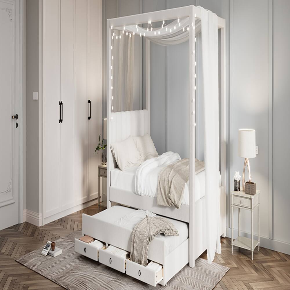 Alt View 6. Loheer - Loheer Full Size Canopy Bed Upholstered Platform Bed with Trundle and 3 Storage Drawers Beige Pine Wood Bed Frame - Beige.