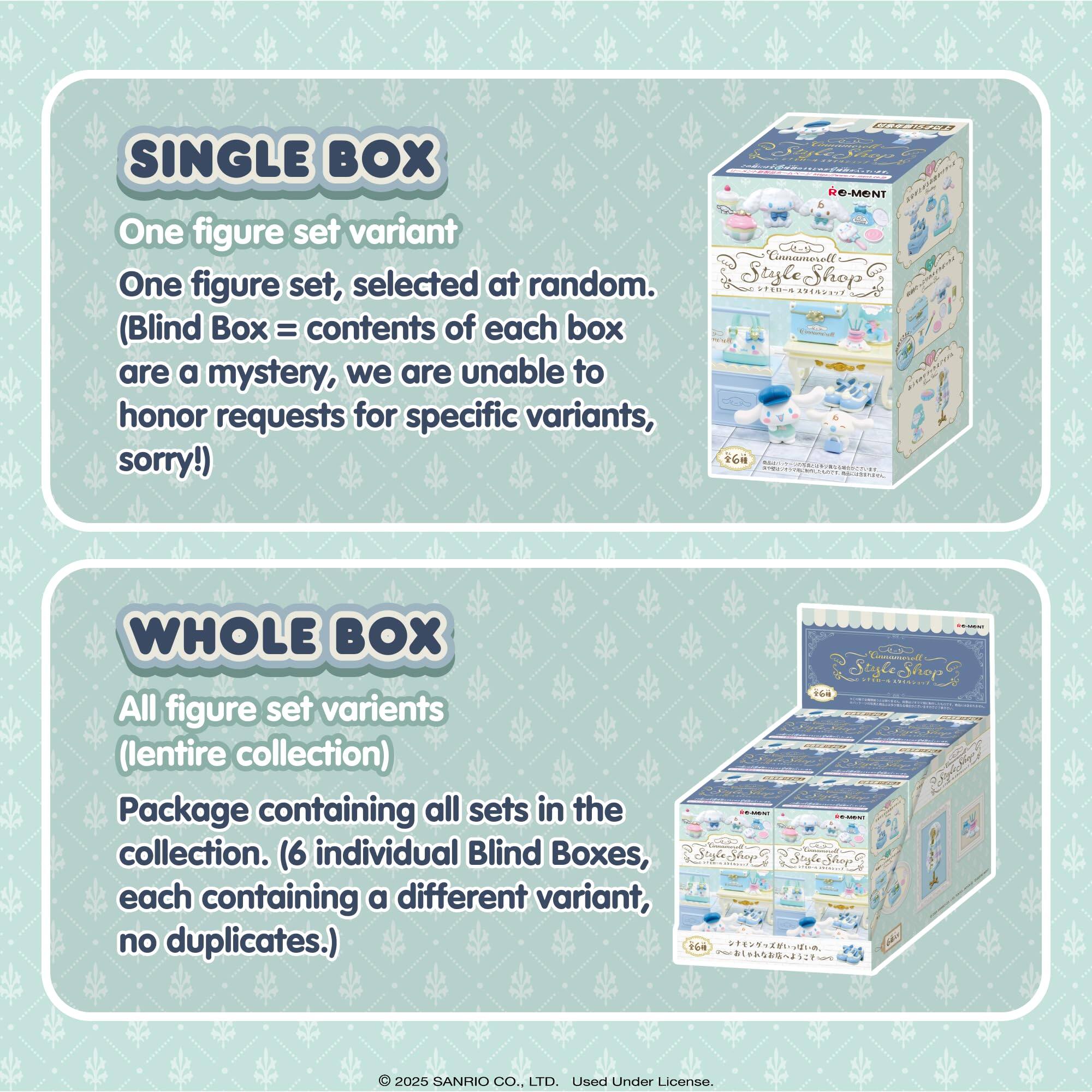 **SINGLE BOX**  
One figure set variant  
One figure set, selected at random.  
(Blind Box = contents of each box are a mystery, we are unable to honor requests for specific variants, sorry!)

**WHOLE BOX**  
All figure set variants  
(lentire collection)  
Package containing all sets in the collection. (6 individual Blind Boxes, each containing a different variant, no duplicates.)

© 2025 SANRIO CO., LTD. Used Under License.