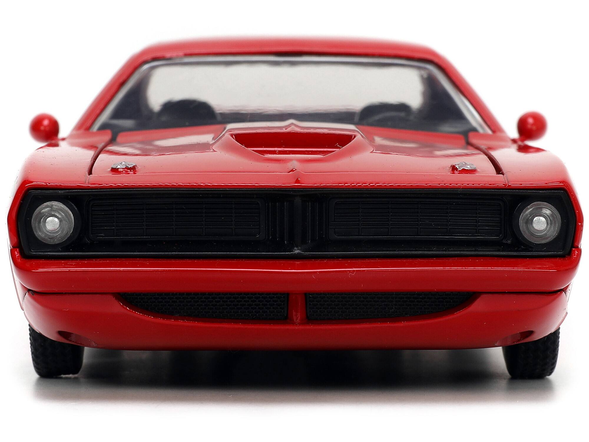 Back. Jada - 1973 Plymouth Barracuda Red with Black Stripes "Bigtime Muscle" Series 1/24 Diecast Model Car by Jada - Red With Black.