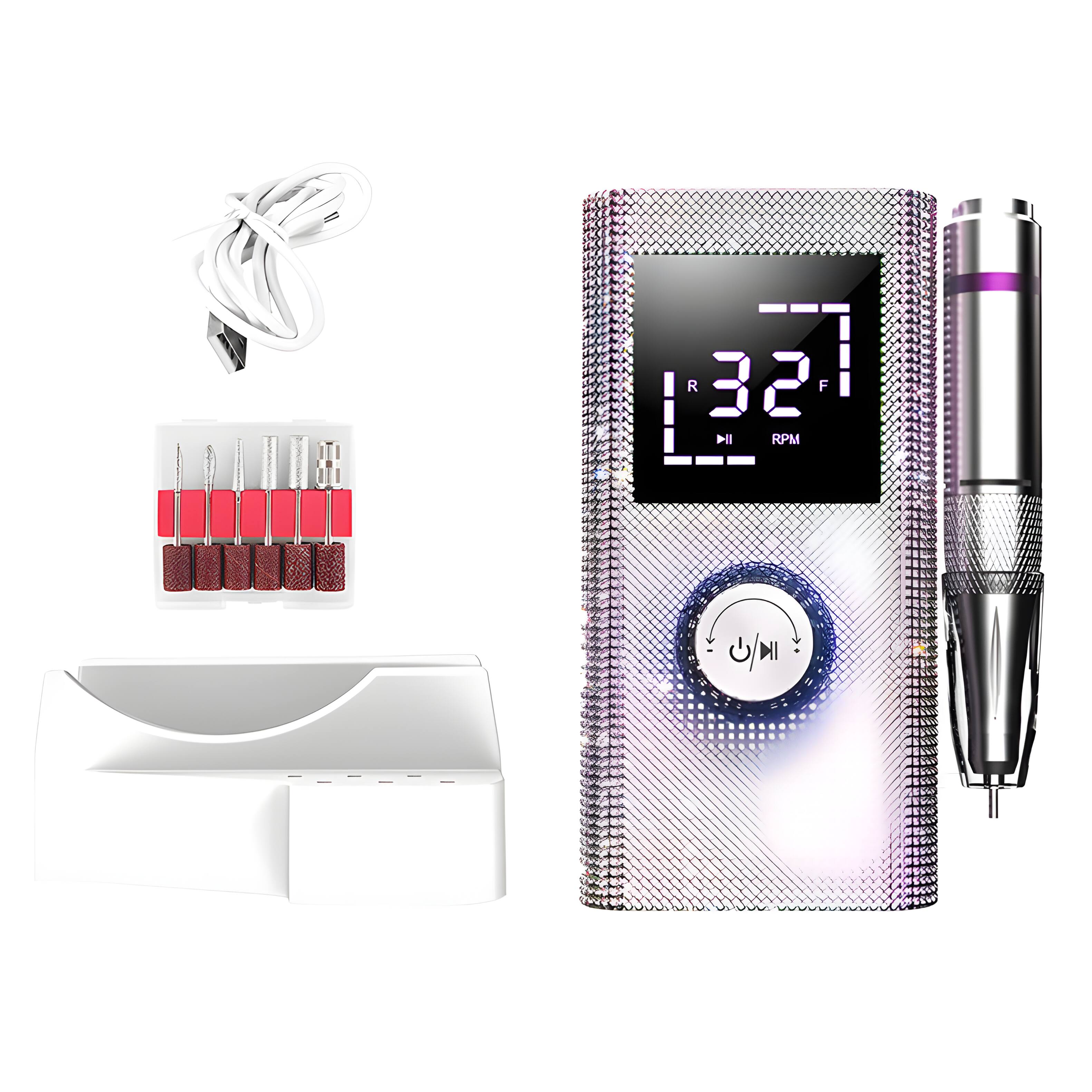 Front. Cluzine - Rechargeable Nail Drill, 35000RPM, Diamond Design, Memory Function, with Base & Clip for Home & Salon.