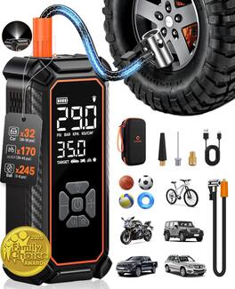 Fabibe - Cordless Tire Inflator Portable Air Compressor 150psi Dual Power - 5400 Mah & 12v Dc Pump For Car Tires Bike - 1-gray 12000mAh Off-Road Edition(Holiday Gift)