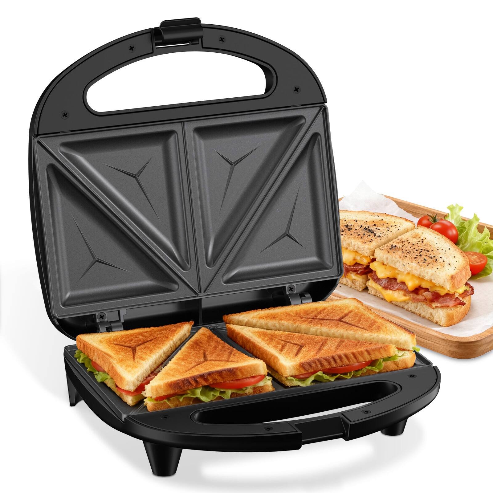 OSTBA - 750W Sandwich Maker with 2 slices Triangle non-stick plates, Indicator lights, Cool touch handle, Easy to clean& store - Black