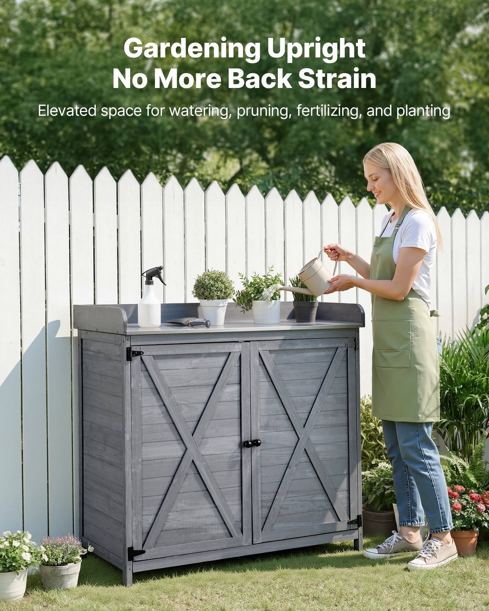Gardening Upright  
No More Back Strain  

Elevated space for watering, pruning, fertilizing, and planting