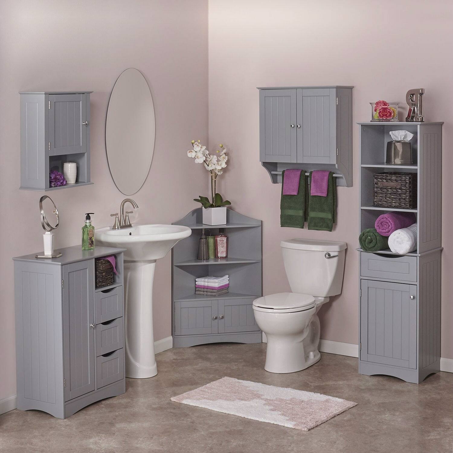 Left. Hivvago - Gray 2-Door Bathroom Wall Cabinet with Towel Bar - Gray.