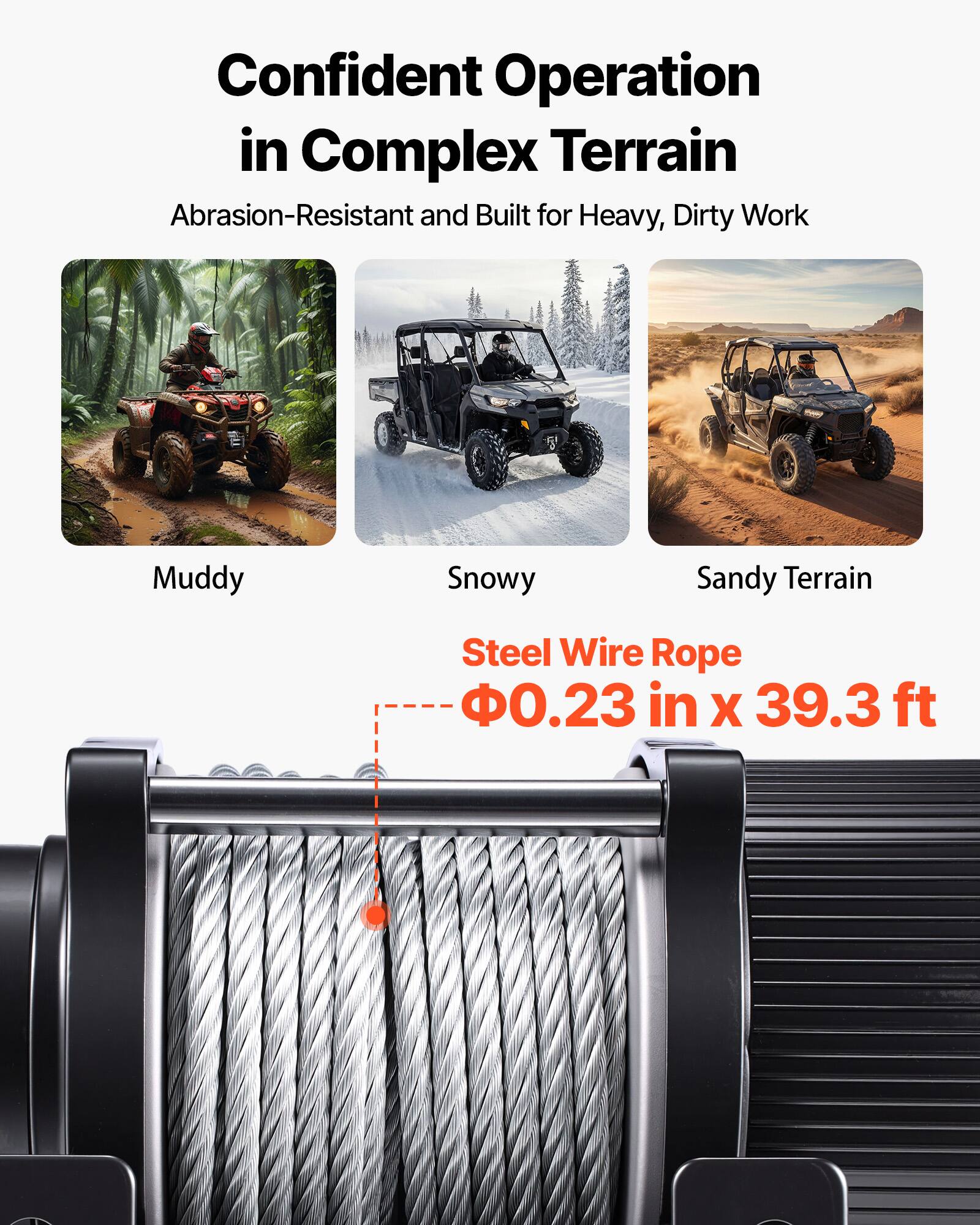 Confident Operation in Complex Terrain  
Abrasion-Resistant and Built for Heavy, Dirty Work  

Muddy  
Snowy  
Sandy Terrain  

Steel Wire Rope  
Φ0.23 in x 39.3 ft