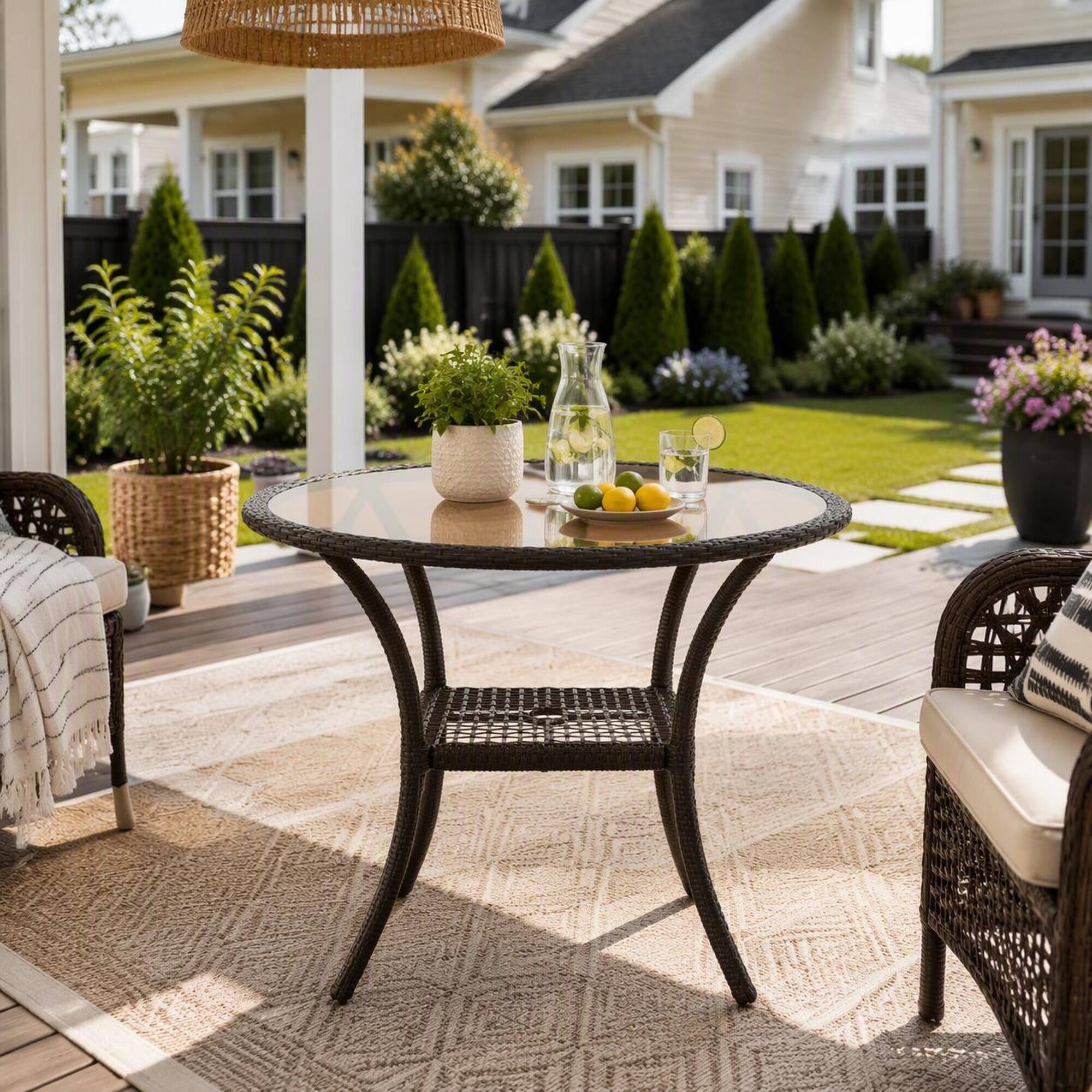 Back. RYHNUYNE - Outdoor Patio Coffee Table with Tempered Glass Top & Lower Shelf,Rattan Side Table for Garden Balcony Deck - Brown.