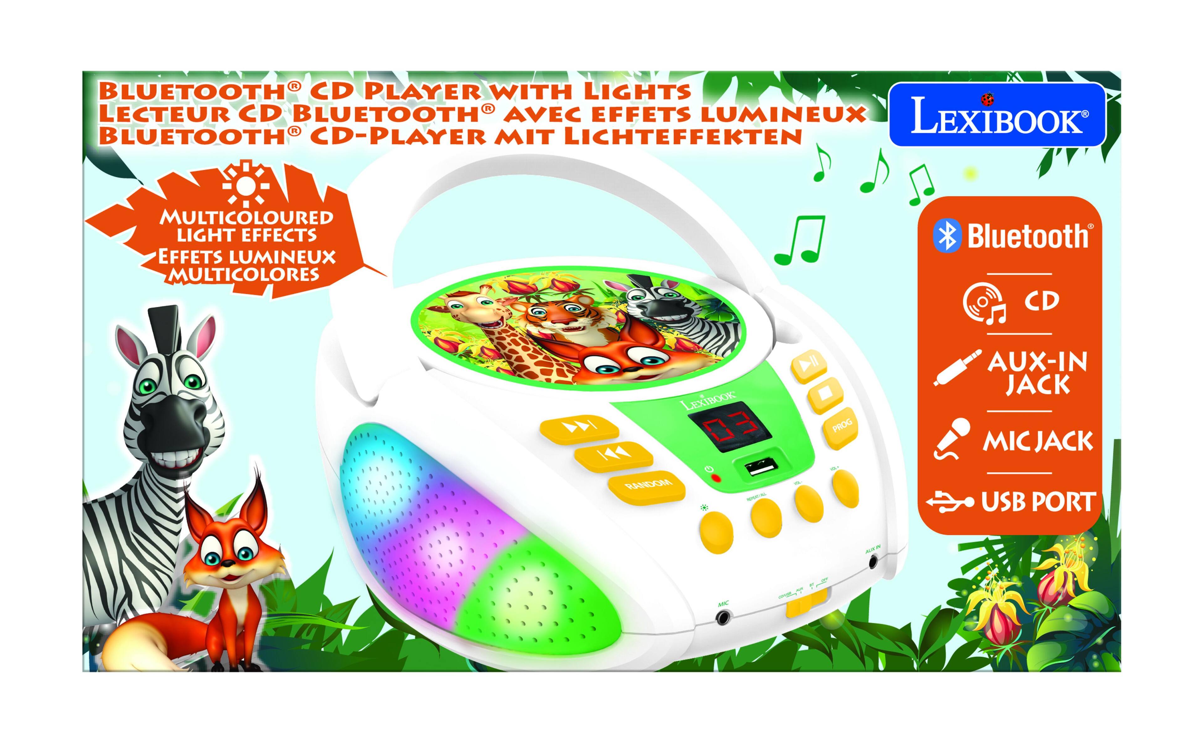 BLUETOOTH CD PLAYER WITH LIGHTS  
LECTEUR CD BLUETOOTH AVEC EFFETS LUMINEUX  
BLUETOOTH CD-PLAYER MIT LICHTEFFEKTE  

MULTICOLOURED LIGHT EFFECTS  
EFFETS LUMINEUX MULTICOLORES  

Bluetooth  
CD  
AUX-IN JACK  
MIC JACK  
USB PORT  

LexiBook