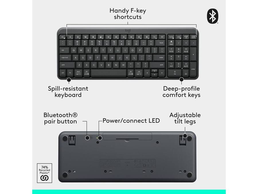 Handy Keys Logitech MK250 Bluetooth Keyboard with Numpad, Recycled Plastic, Spill ...