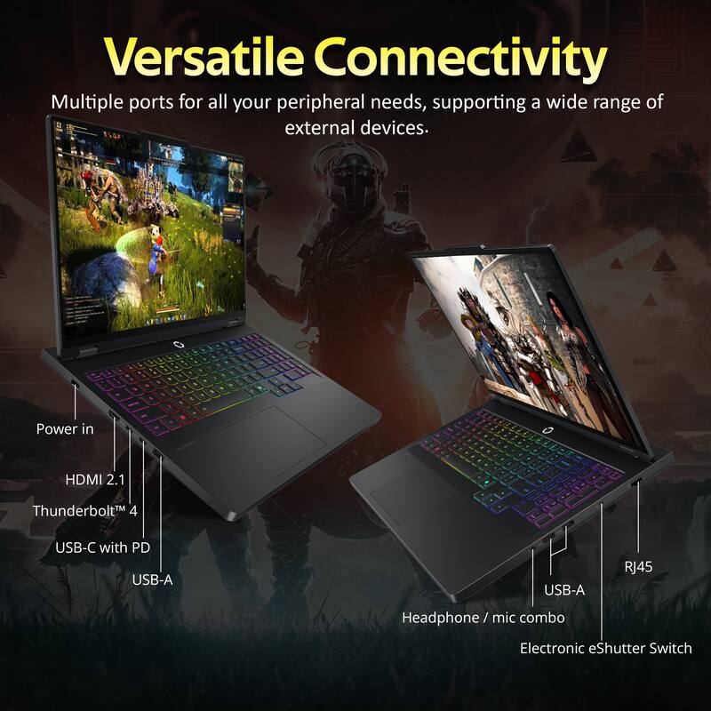 Versatile Connectivity  
Multiple ports for all your peripheral needs, supporting a wide range of external devices.  

- Power in  
- HDMI 2.1  
- Thunderbolt™ 4  
- USB-C with PD  
- USB-A  
- USB-A  
- RJ45  
- Headphone / mic combo  
- Electronic eShutter Switch