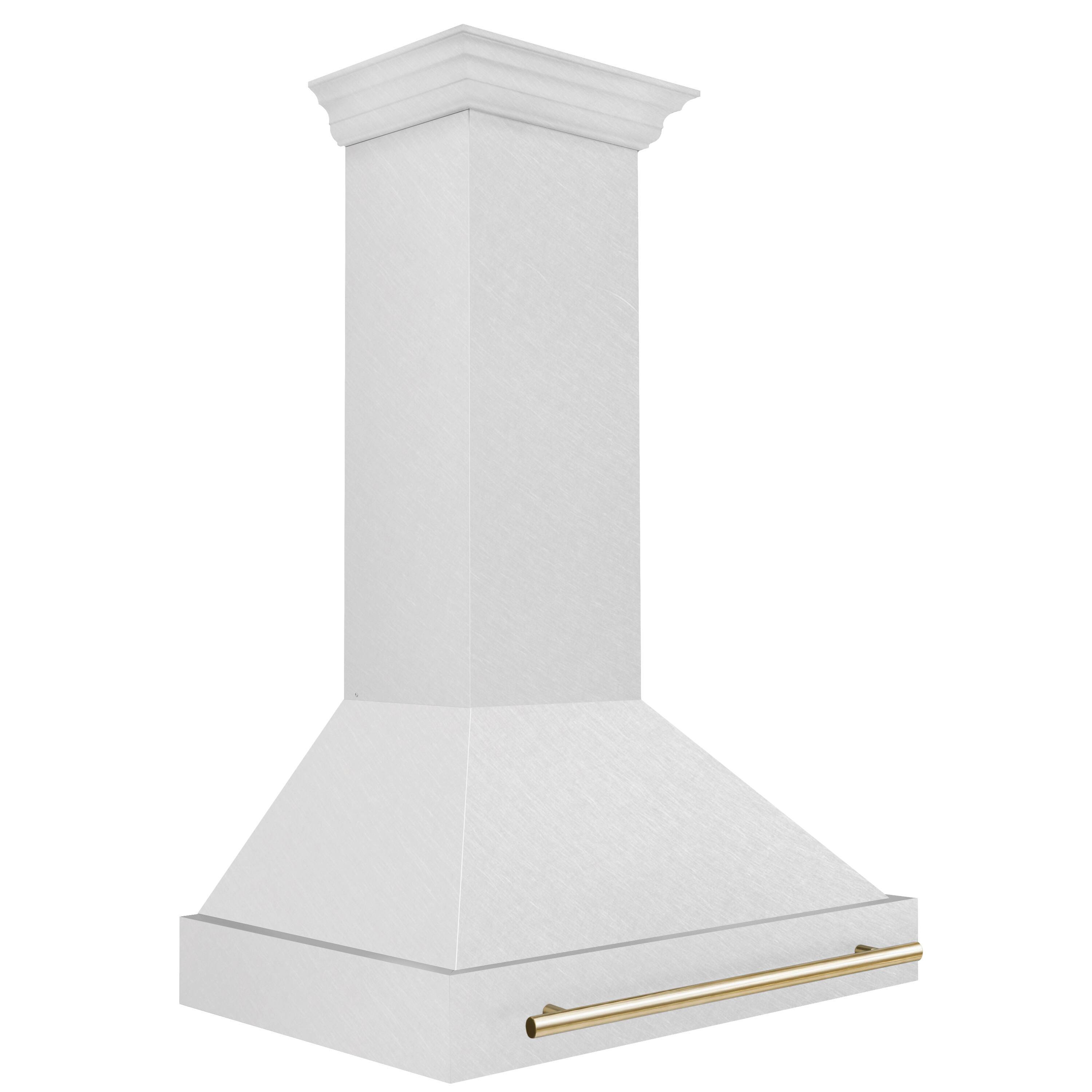 Angle. ZLINE - ZLINE Autograph Edition 36 in. Satin Stainless Steel Wall Mount Range Hood with Polished Gold Handle (8654SNZ-36-G) - Satin Stainless Steel.