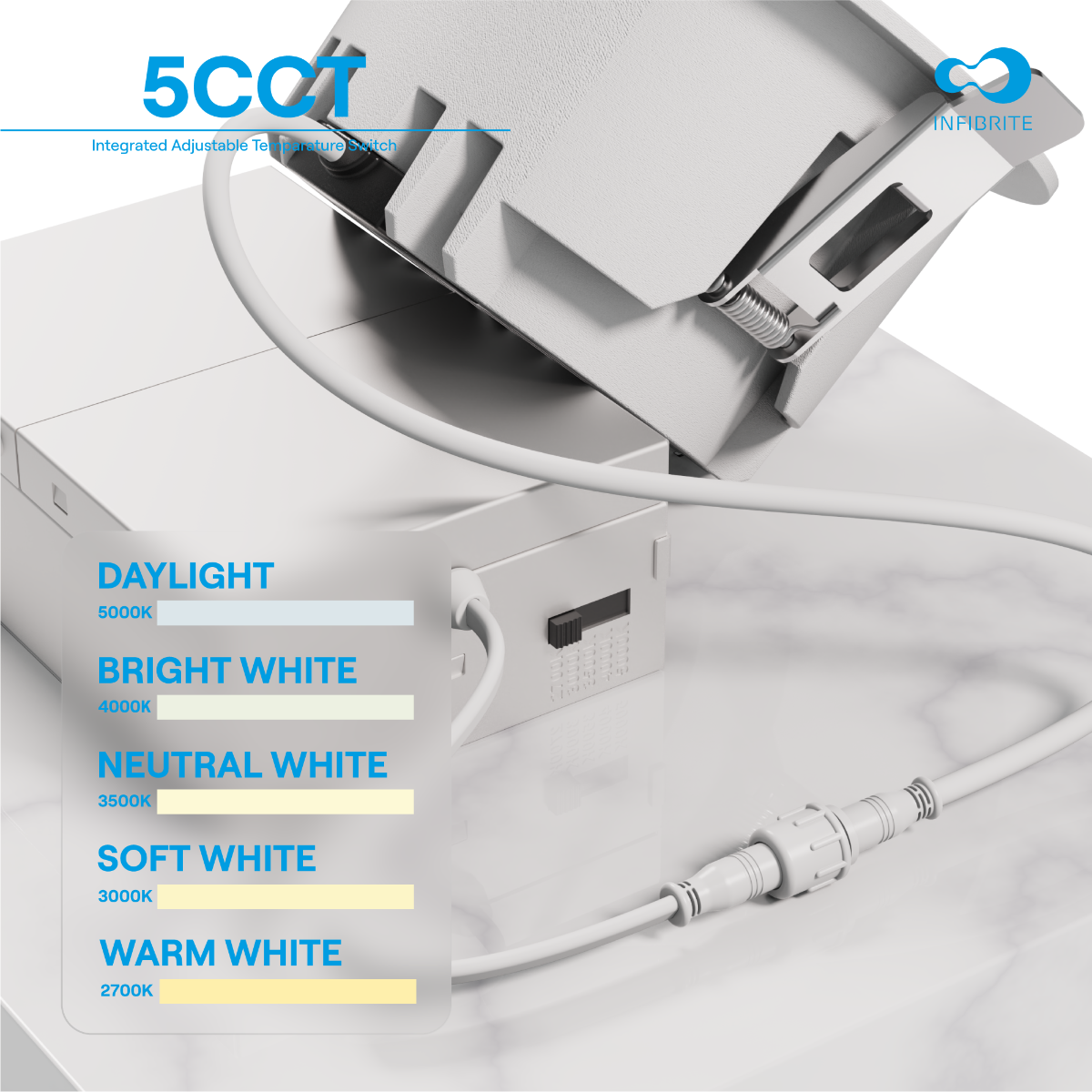 5CCT  
Integrated Adjustable Temperature Switch  

INFIBRITE  

DAYLIGHT  
5000K  

BRIGHT WHITE  
4000K  

NEUTRAL WHITE  
3500K  

SOFT WHITE  
3000K  

WARM WHITE  
2700K