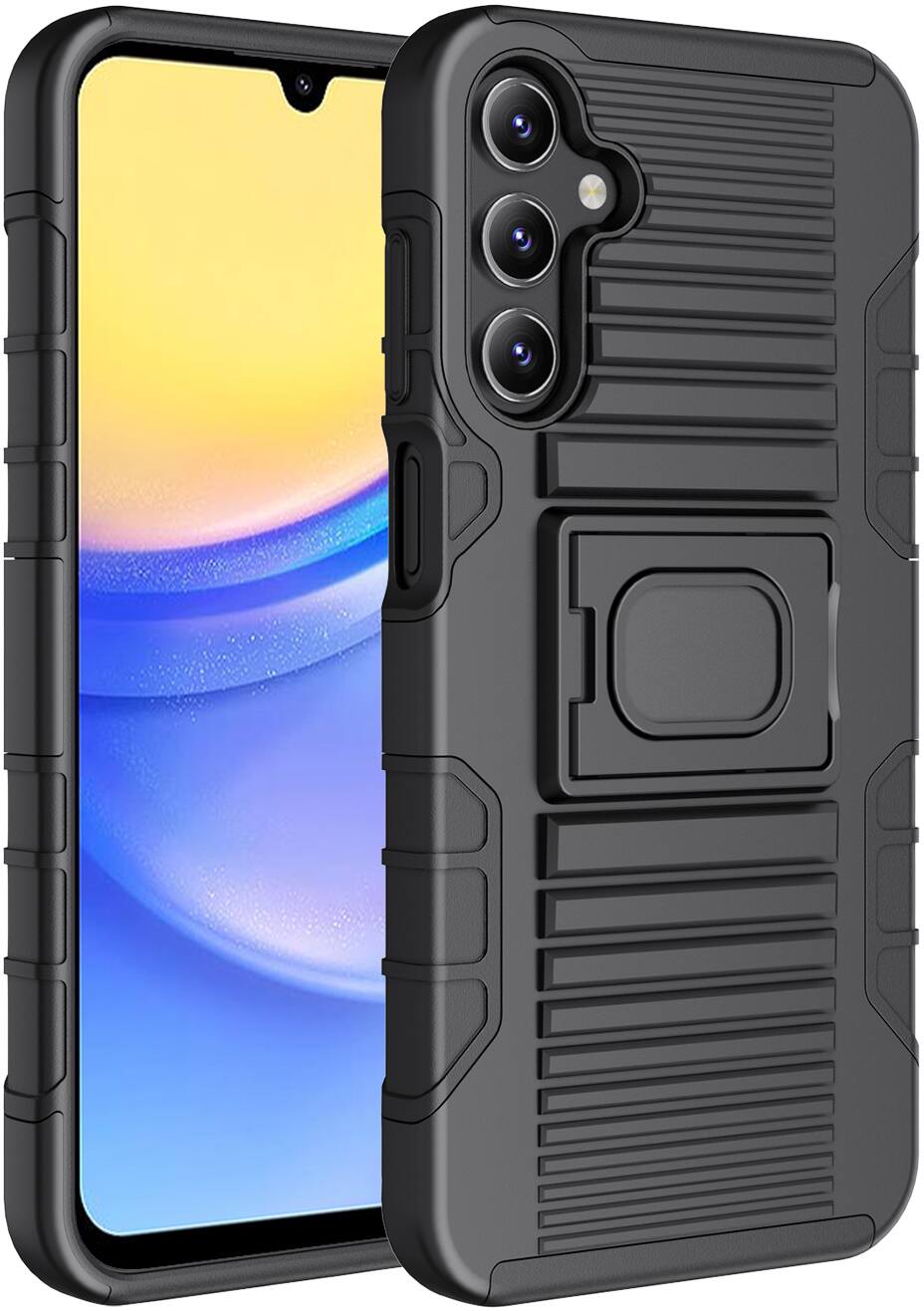 Front. Nakedcellphone - Case for Samsung Galaxy A15 5G / A25 5G - Rugged Hybrid Phone Cover with Stand - Black.