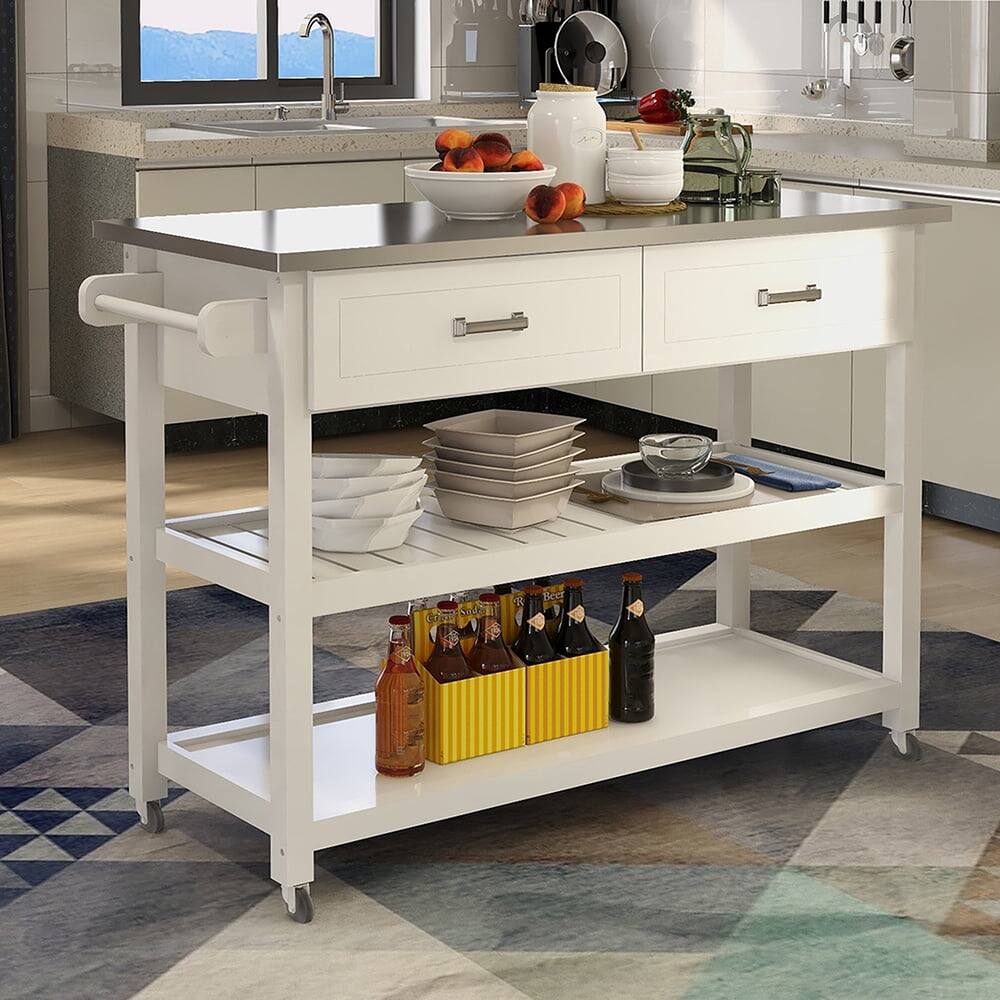 Angle. Kadyn - Veryke Console Table with Stainless Steel Table Top, Kicthen Storage Cart with Two Drawers - White - White.