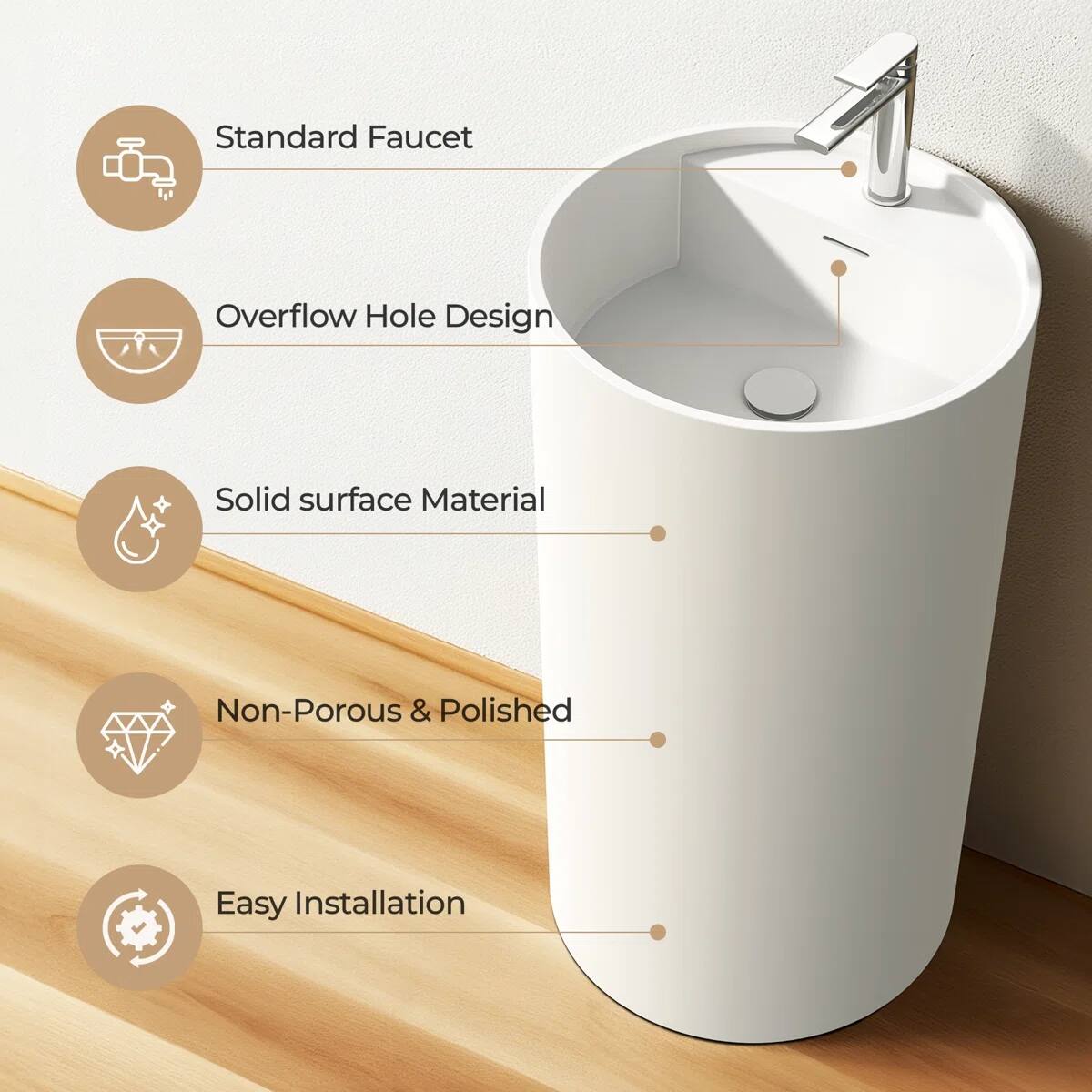 Standard Faucet  
Overflow Hole Design  
Solid Surface Material  
Non-Porous & Polished  
Easy Installation