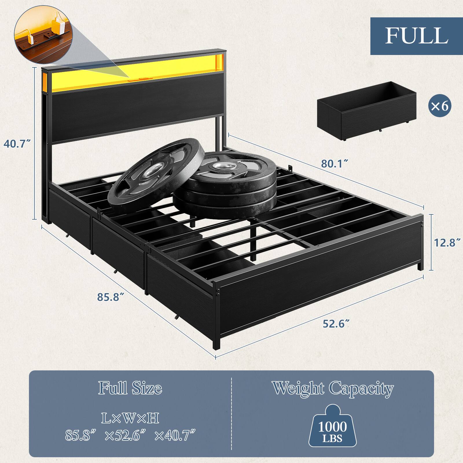 FULL  
6  
40.7"  
80.1"  
12.8"  
85.8"  
52.6"  
Full Size LXWXH 85.8" x52.6" x40.7"  
Weight Capacity 1000 LBS