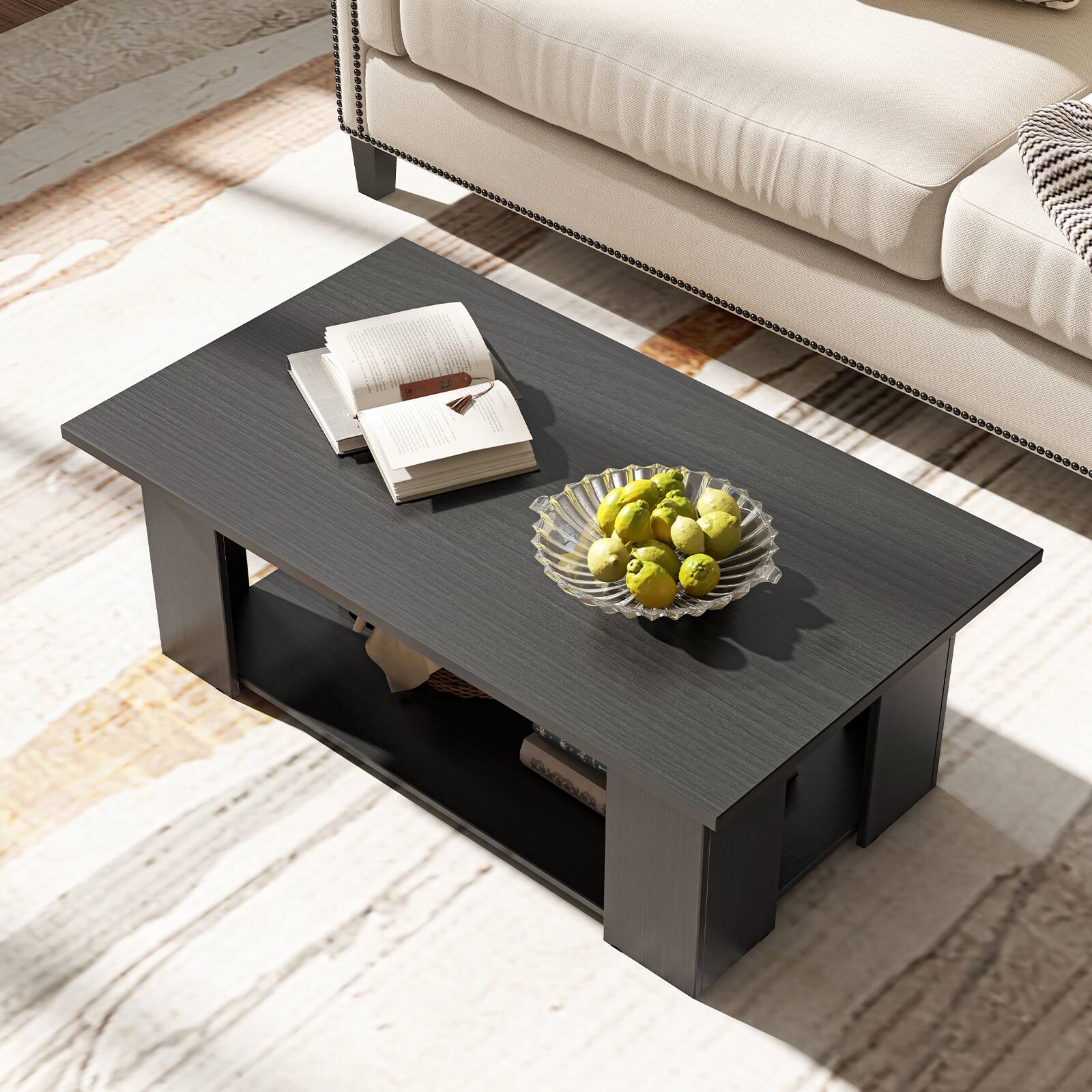 Alt View 7. Ecooso - Large 41 Inch 2-Tier Wooden Coffee Table with Storage Shelf, Modern Living Room Center Table - Black.