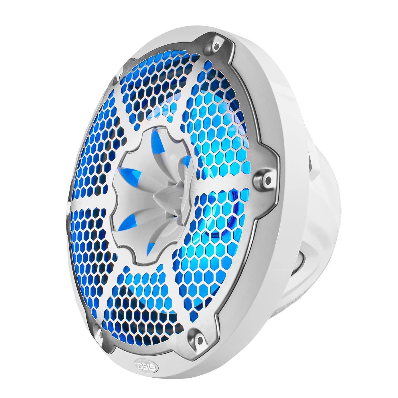 Left. DS18 Audio - NXL 10" 2-way Coaxial Speaker with RGB LED Lights, Built-in Driver and Grille (Pair), 200W RMS 4-Ohm - White.
