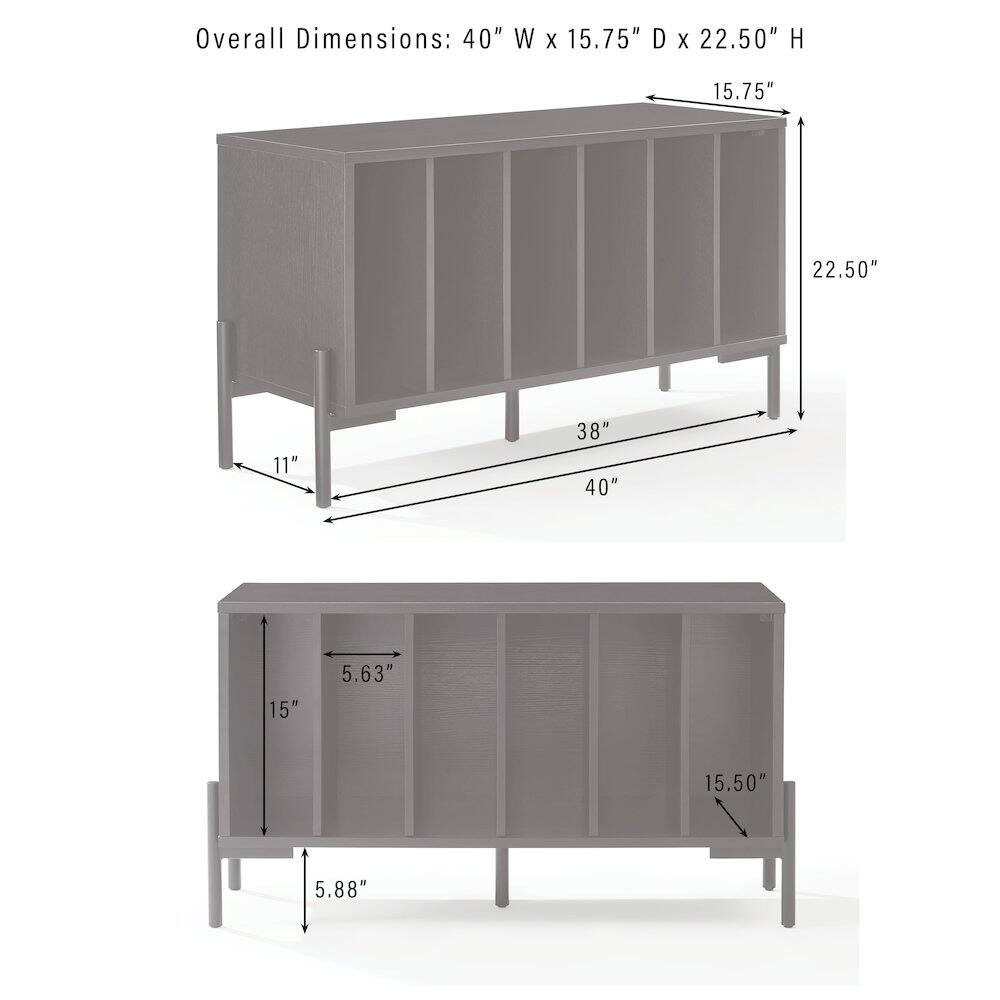 Overall Dimensions: 40" W X 15.75" D X 22.50" H  
15.75"  
22.50"  
11"  
38"  
40"  
15"  
5.63"  
15.50"  
5.88"