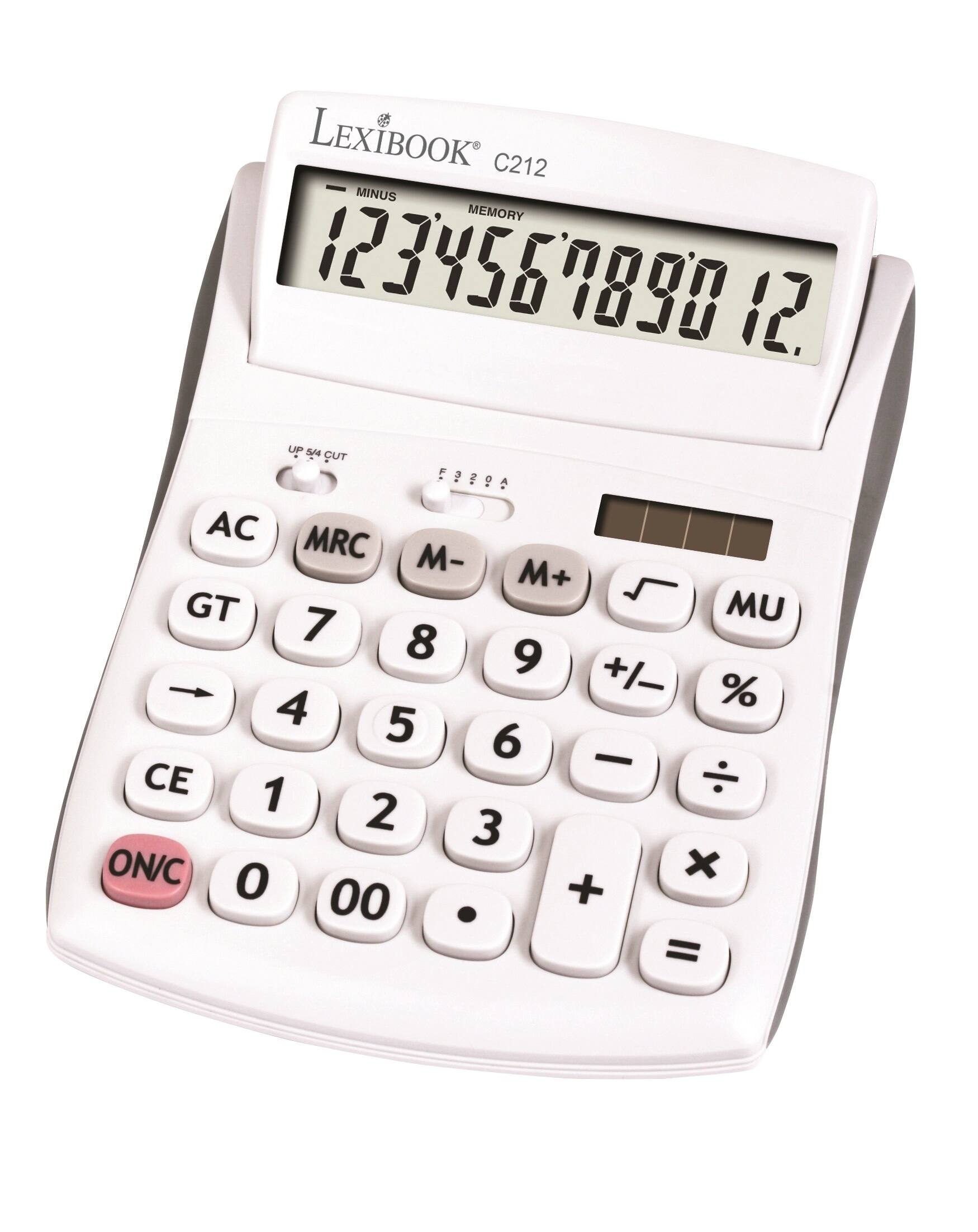 LEXIBOOK C212  
MINUS MEMORY  
1234567890 12.  
UP S4 CUT  
F 3 2 1  
AC MRC M- M+ % GT MU  
7 8 9 +/-  
4 5 6  
CE 1 2 3  
ON/C 0 00 . =