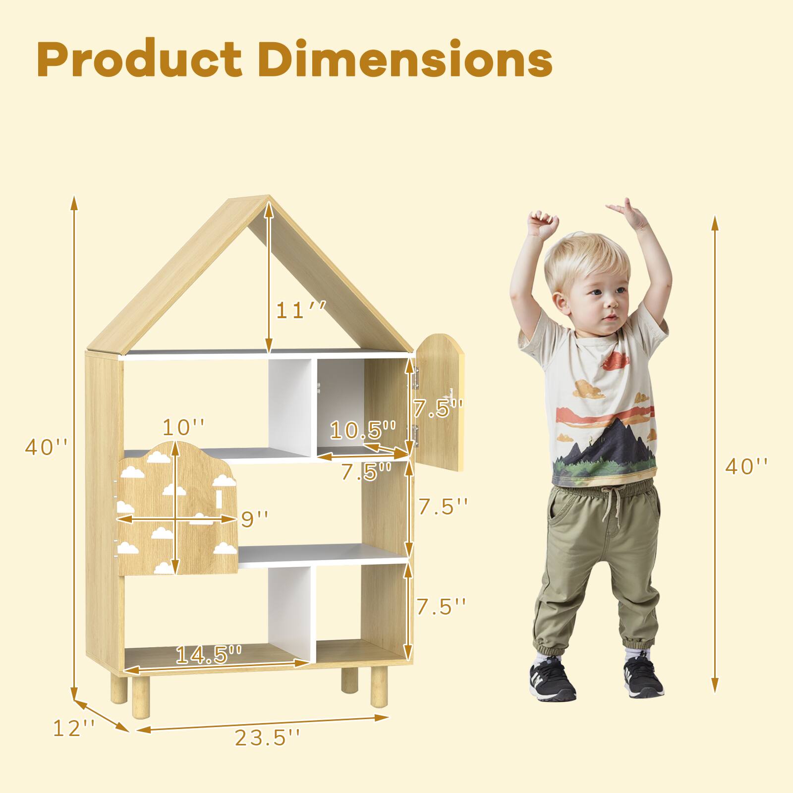 Product Dimensions

- Height: 40"
- Width: 23.5"
- Depth: 12"
- Height of top section: 11"
- Height of middle section: 10"
- Height of bottom section: 9"
- Width of top section: 10.5"
- Width of middle section: 7.5"
- Width of bottom section: 7.5"
- Depth of top section: 7.5"
- Depth of middle section: 7.5"
- Depth of bottom section: 7.5"
- Height of shelves: 14.5"