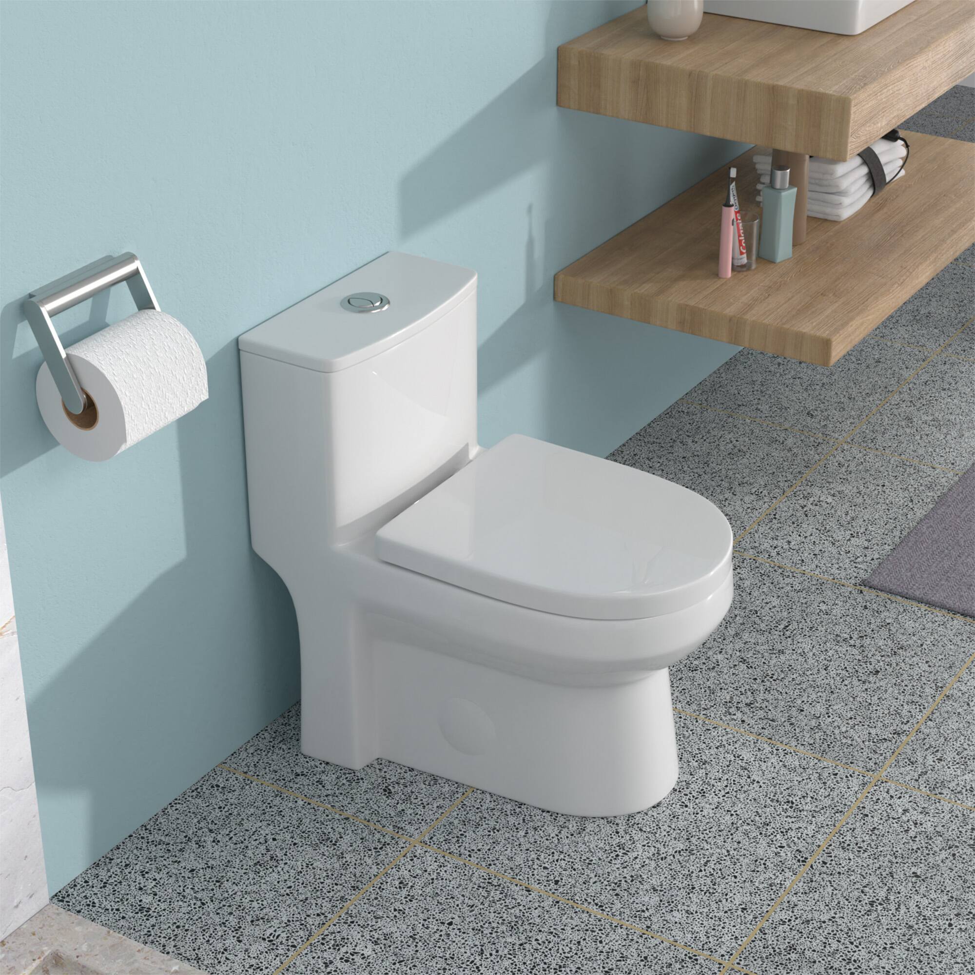 Left. TinyHomie - Ceramic One Piece Toilet for Bathroom 12 inch Rough In 1116 GPF Dual Flush with Soft Closing Seat Powerful Dual Flush - White.