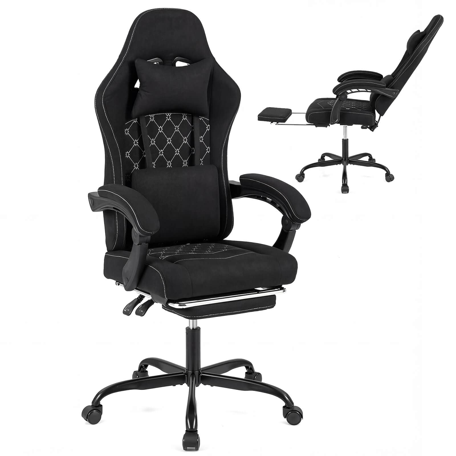 Costway - Height Adjustable Computer Chair with Headrest, Lumbar Support, Linkage Armrests - Black