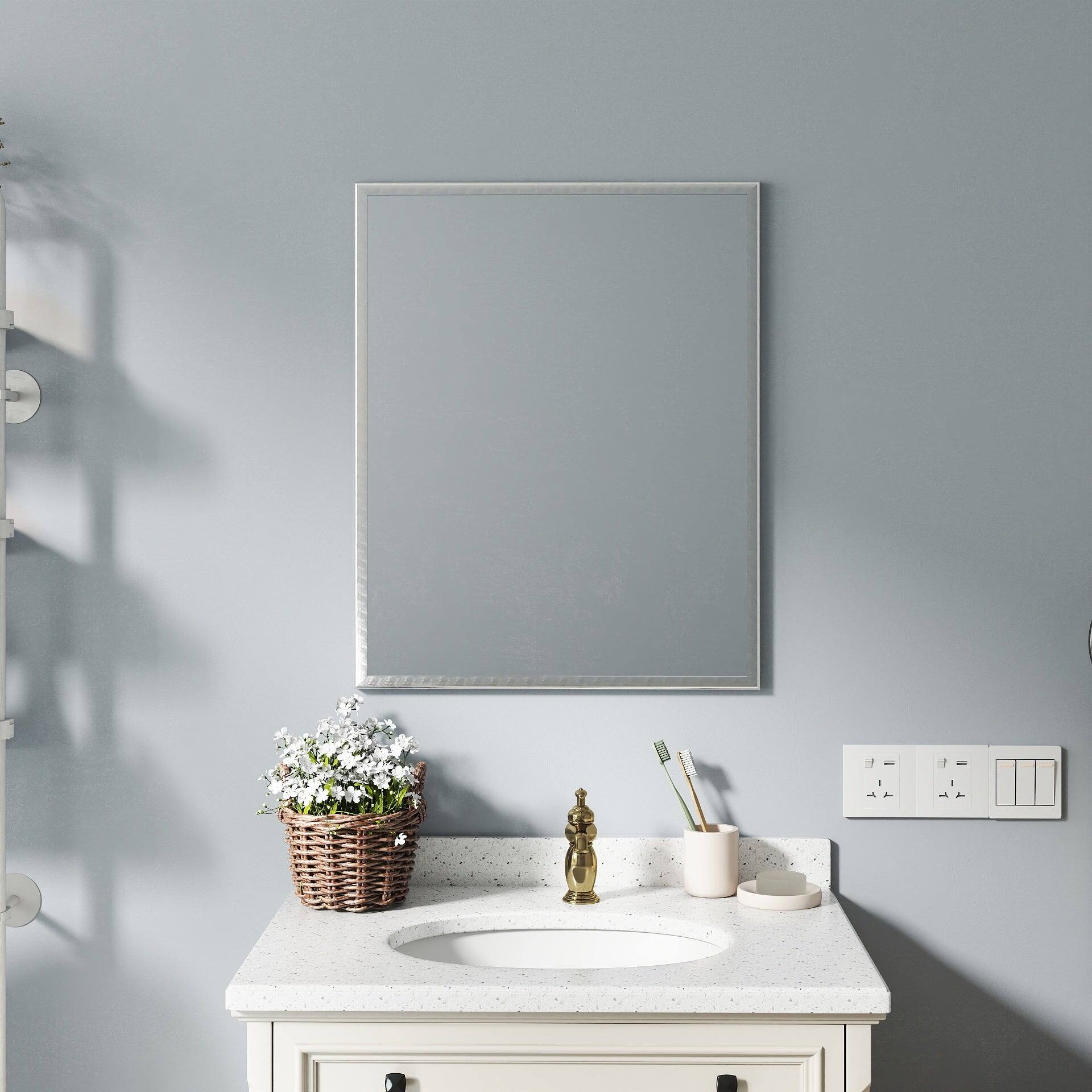 Angle. BreeBe - Revamp Your Bathroom with This Compact Yet Stunning 24-inch Aluminum Silver Mirror! - White.