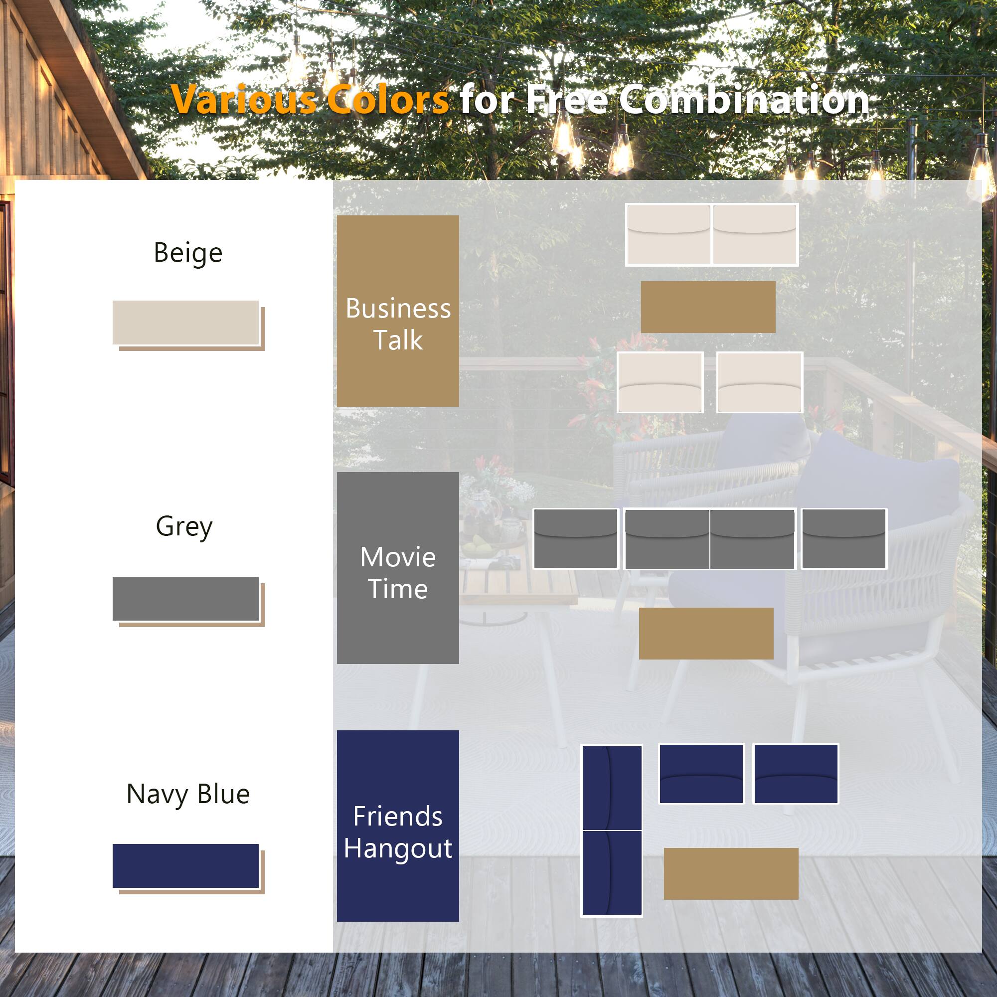 Various Colors for Free Combination

- Beige
  - Business Talk

- Grey
  - Movie Time

- Navy Blue
  - Friends Hangout