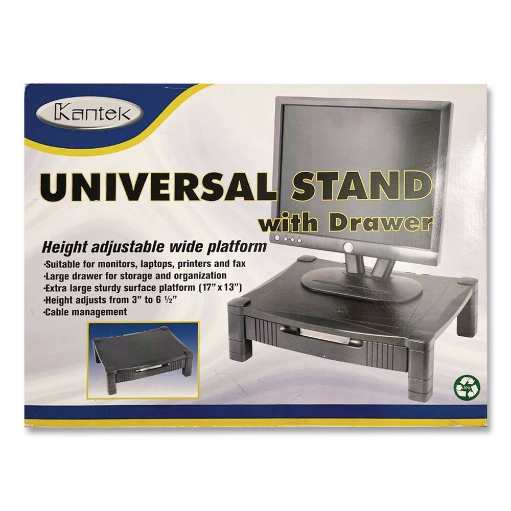 Kantek UNIVERSAL STAND with Drawer

Height adjustable wide platform

- Suitable for monitors, laptops, printers and fax
- Large drawer for storage and organization
- Extra large sturdy surface platform (17" x 13")
- Height adjusts from 3" to 6 1/2"
- Cable management