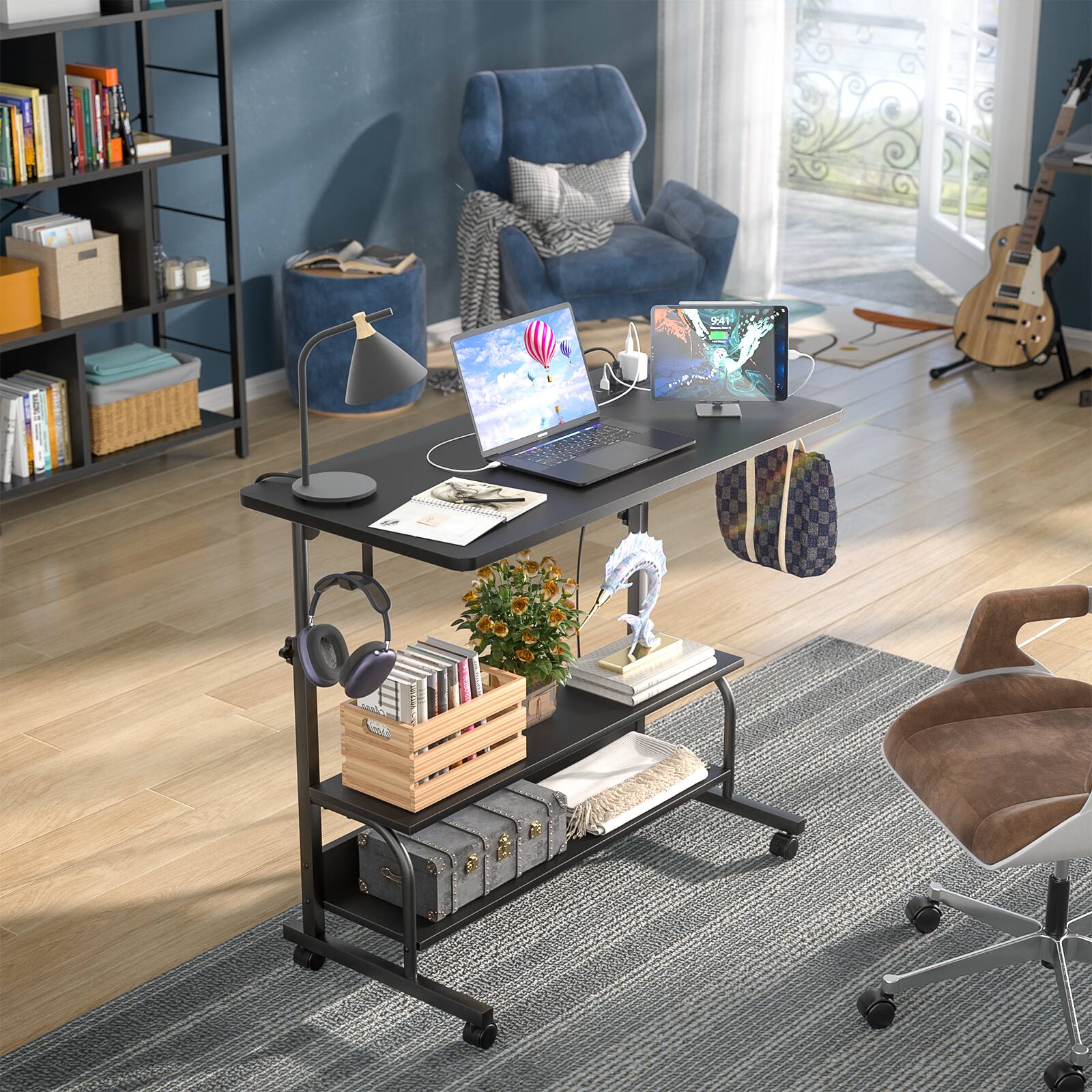 Alt View 2. Aheaplus - Small Height Adjustable Standing Desk with Power Outlets and Shelves, Max Height 41 Inches - Black.