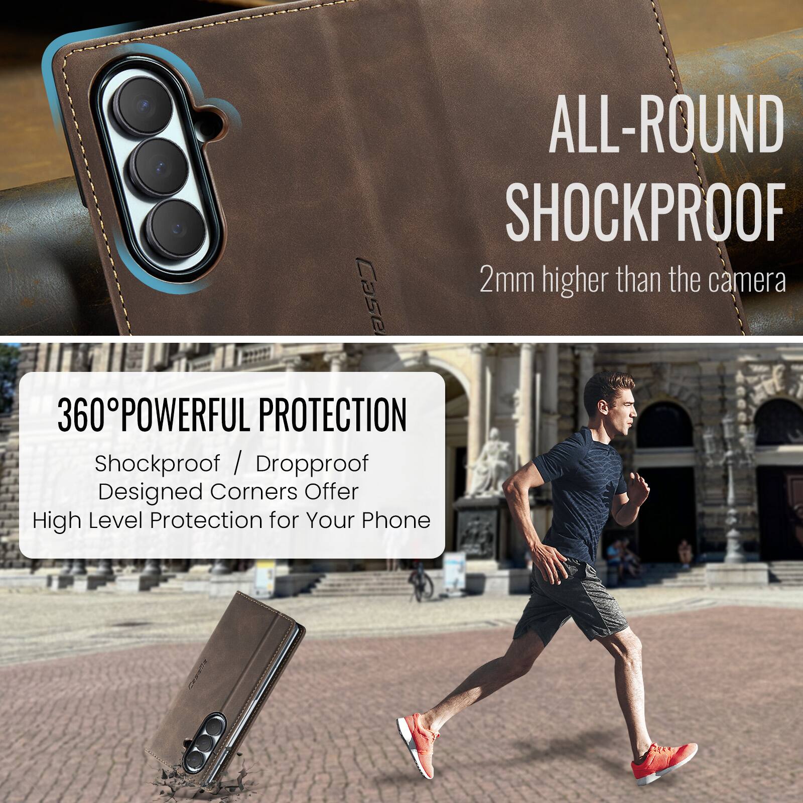 ALL-ROUND SHOCKPROOF  
2mm higher than the camera  

360° POWERFUL PROTECTION  
Shockproof / Dropproof  
Designed Corners Offer High Level Protection for Your Phone