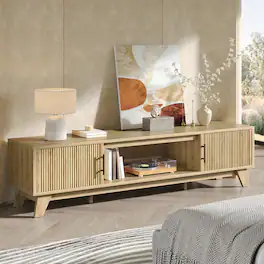 Bestier - Fluted TV Stand for 75" TV, Modern Console Medium Entertainment Center with Storage Cabinet & Open Shelf - Oak