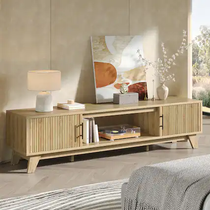 Front. Bestier - Fluted TV Stand for 75" TV, Modern Console Medium Entertainment Center with Storage Cabinet & Open Shelf - Oak.