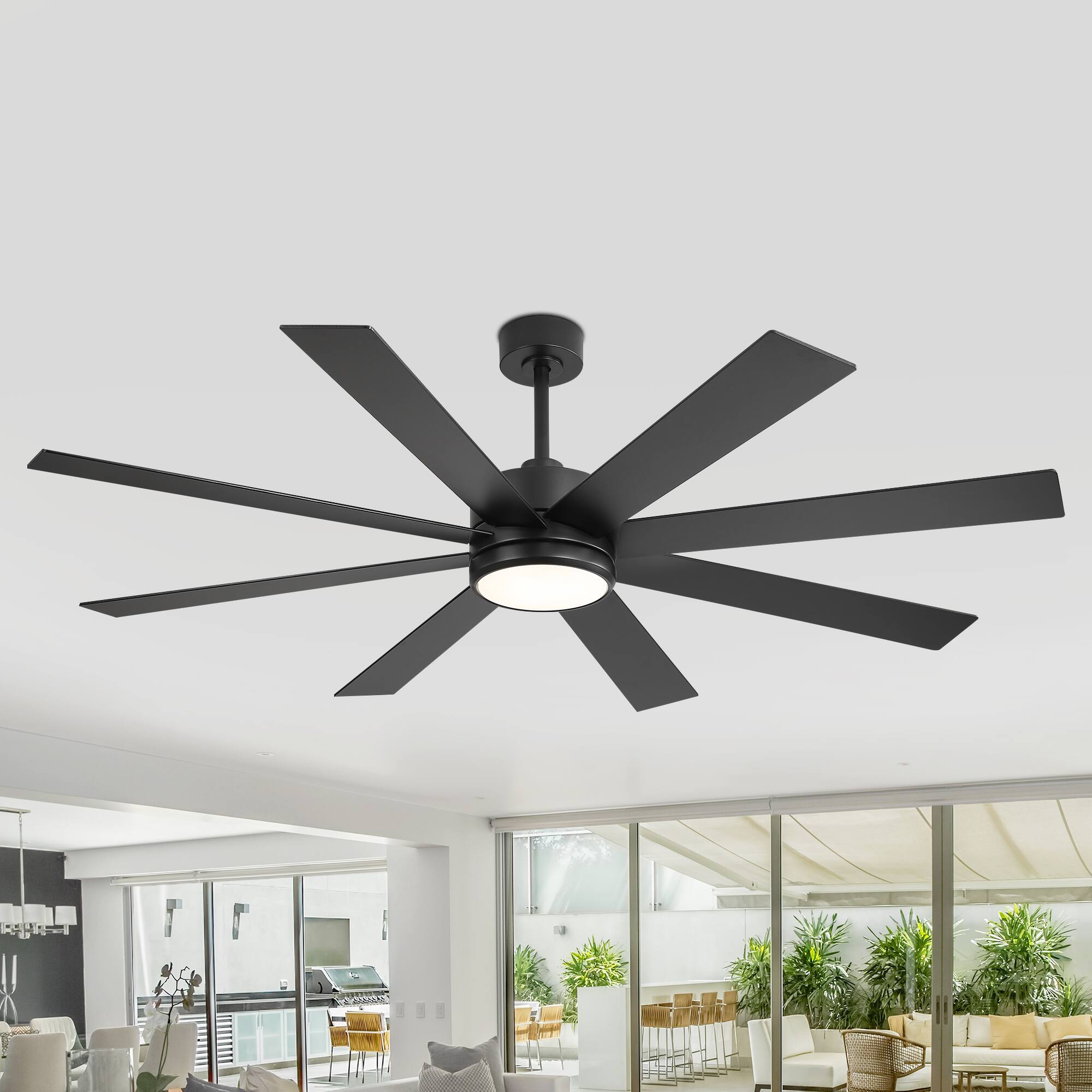 Back. Breezary - 65-In Ceiling Fan with 8-Blade, 3-Color Light, 6-Speed DC Motor, 6''/20'' Downrods, Remote Control with Timer - Matte Black.