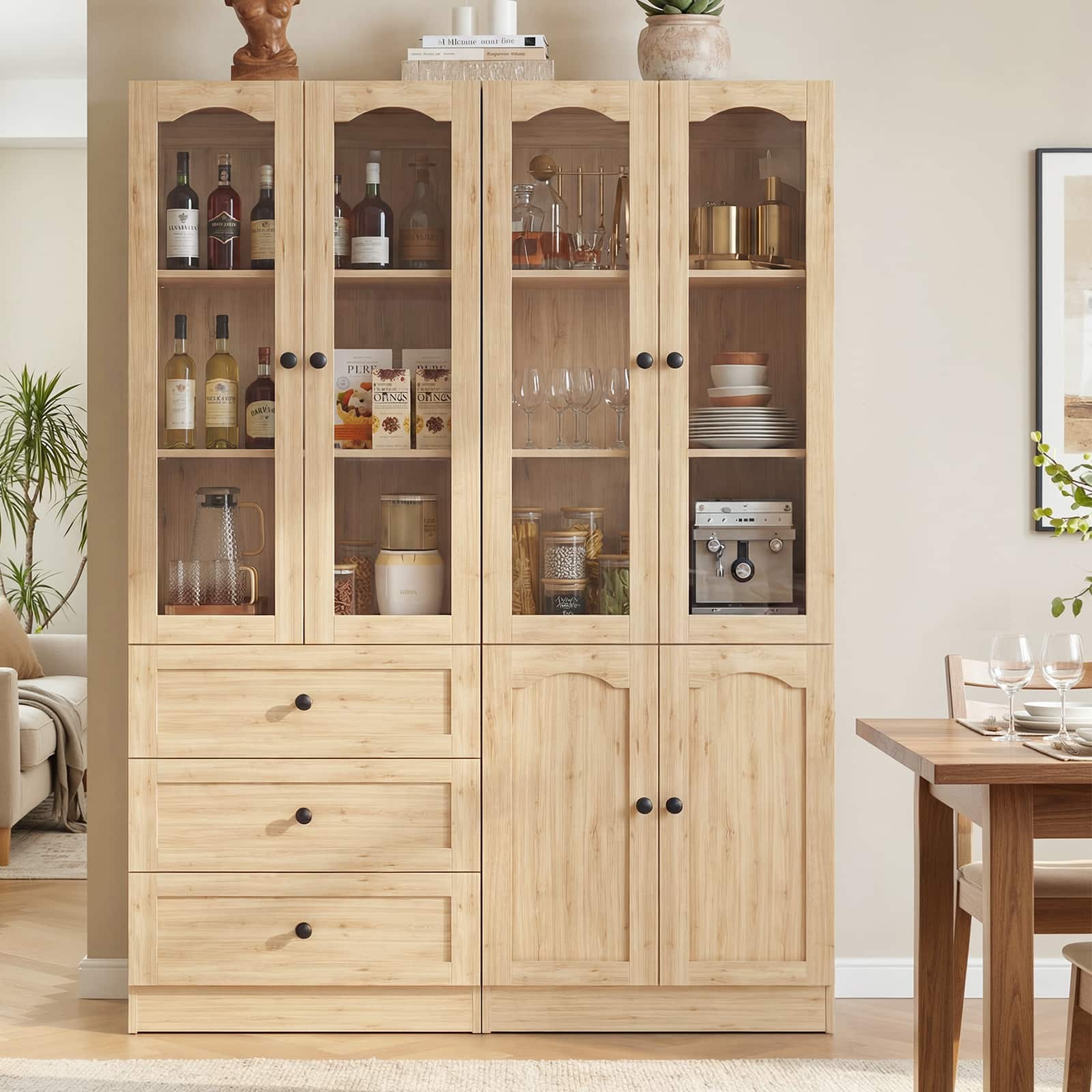 Aheaplus - 80'' Tall Pantry Cabinet Set of 2, with 3 Drawers, Glass Doors, and Adjustable Shelves - Nature Oak price history on PriceWatchPro