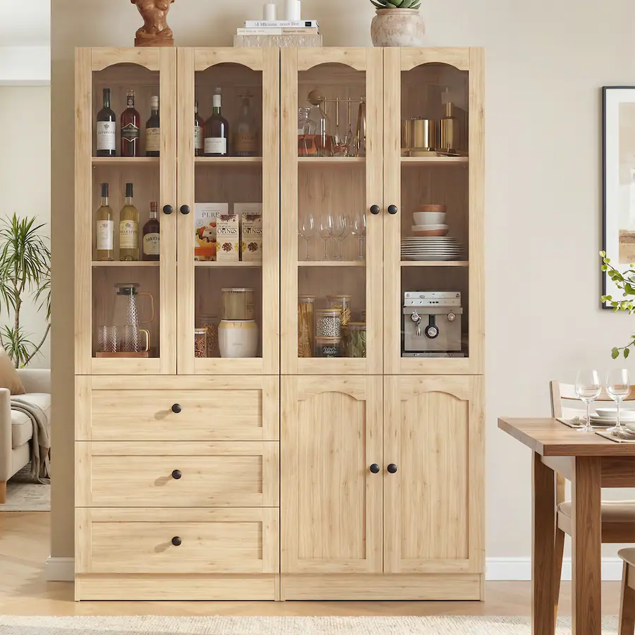 Aheaplus 80'' Tall Pantry Cabinet Set of 2, with 3 Drawers, Glass Doors ...