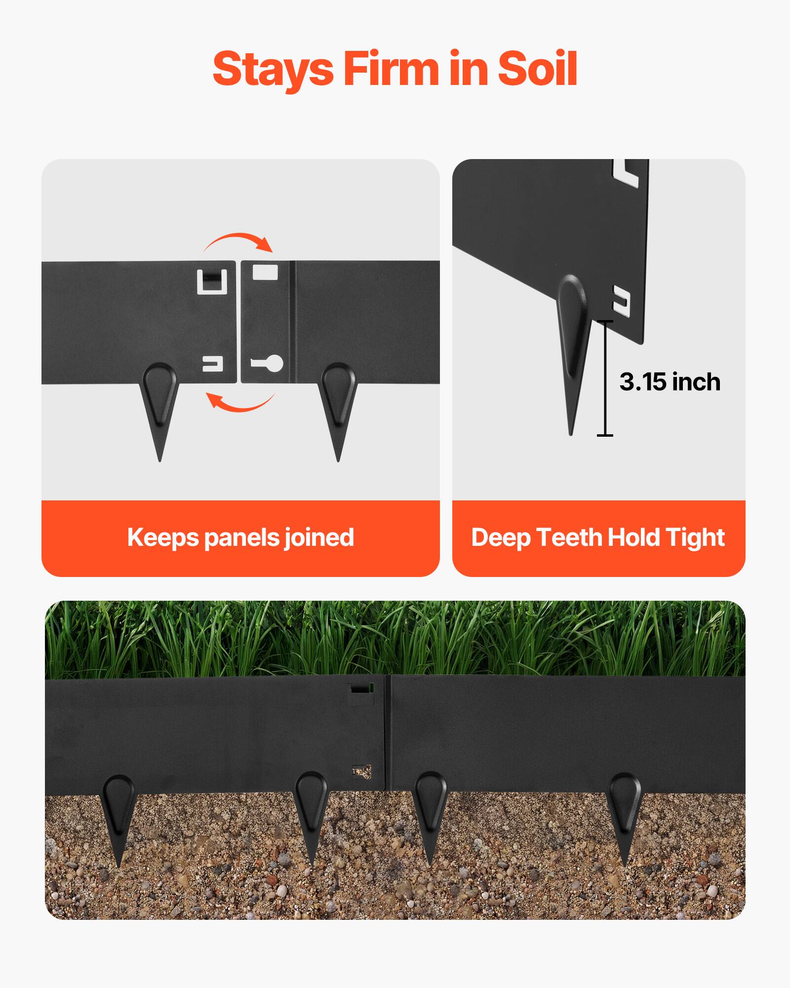 Stays Firm in Soil  
3.15 inch  
Keeps panels joined  
Deep Teeth Hold Tight