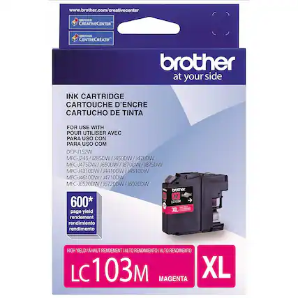 www.brother.com/creativecenter
BROTHER CREATIVECENTER
BROTHER CENTRECRATIF
brother at your side
INK CARTRIDGE
CARTOUCHE D'ENCRE
CARTUCHO DE TINTA
FOR USE WITH
POUR UTILISER AVEC
PARA USO CON
PARA USO COM
DCP-J152W
MFC-J245 / J285DW / J450DW / J470DW
MFC-J475DW / J650DW / J870DW / J875DW
MFC-J4310DW / J4410DW / J4510DW
MFC-J4610DW / J4710DW
MFC-J6520DW / J6720DW / J6920DW
600* page yield
rendement
rendimiento
rendimento
HIGH YIELD / HAUT RENDEMENT / ALTO RENDIMIENTO / ALTO RENDIMENTO
LC103M
MAGENTA
XL