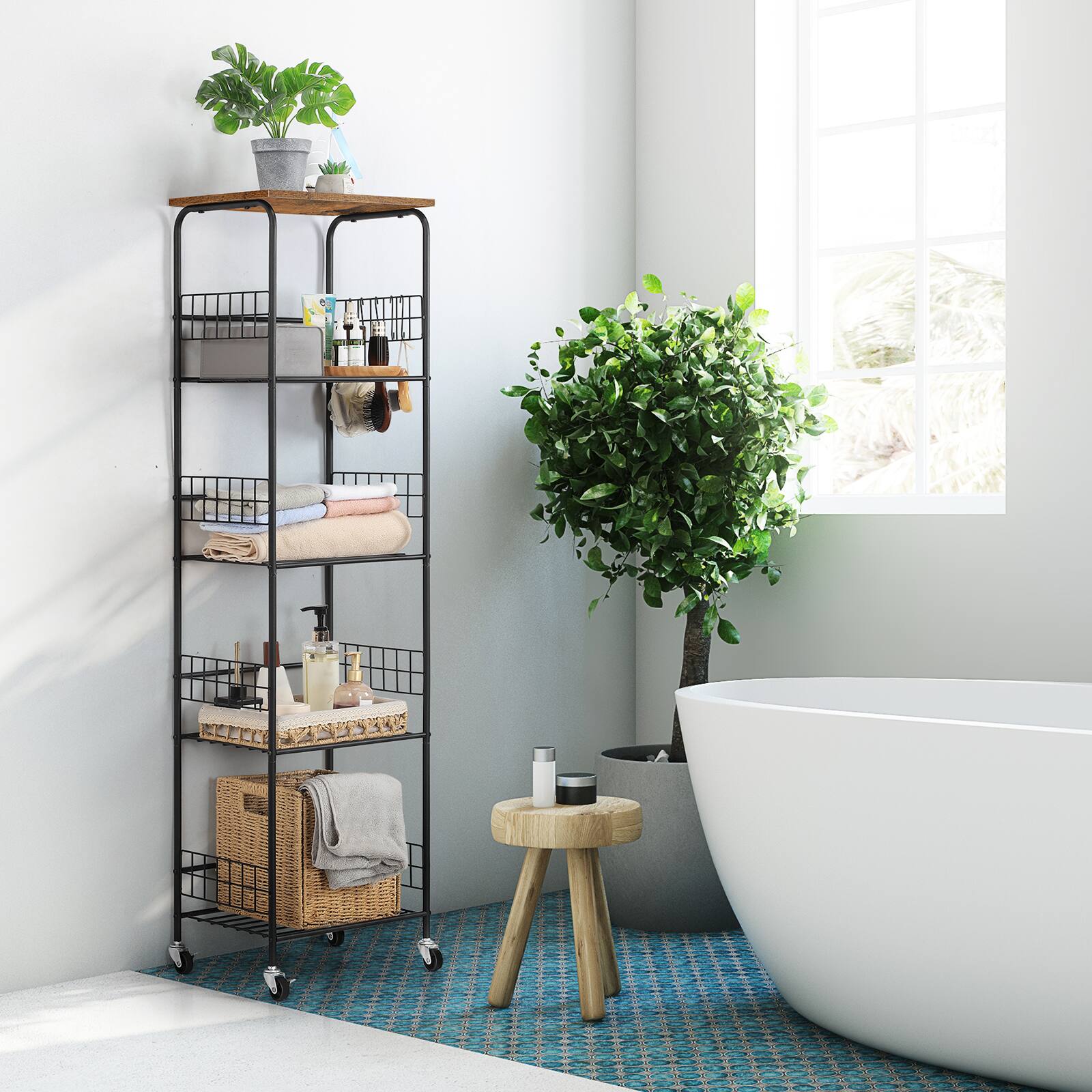 Alt View 2. Oumilen - 5-Tier Wire Storage Shelf with Wood Top, Black Metal Frame & Accessories， Brown - Brown.